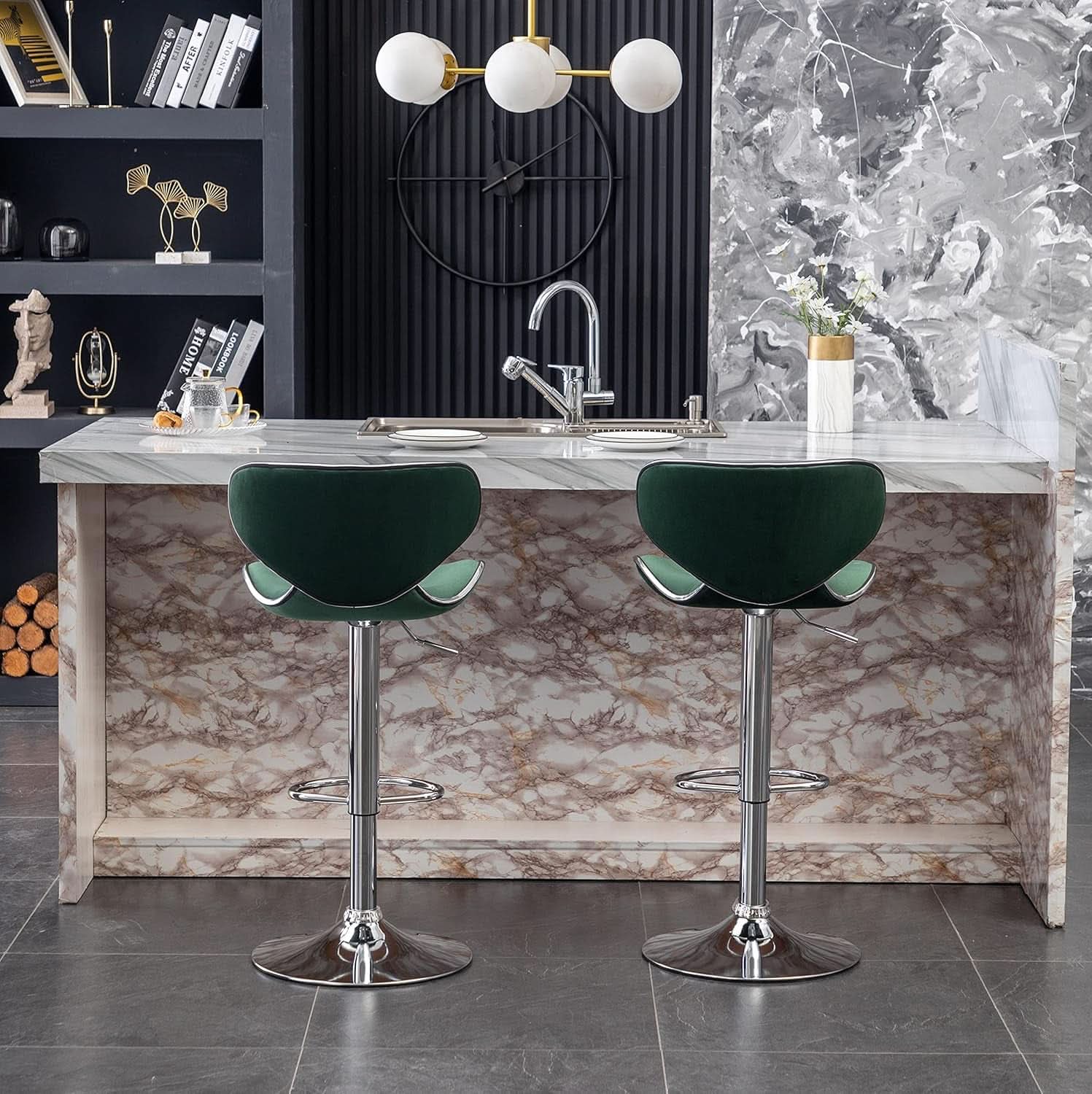 Green Velvet Upholstered Adjustable Swivel Bar Stools Set 2