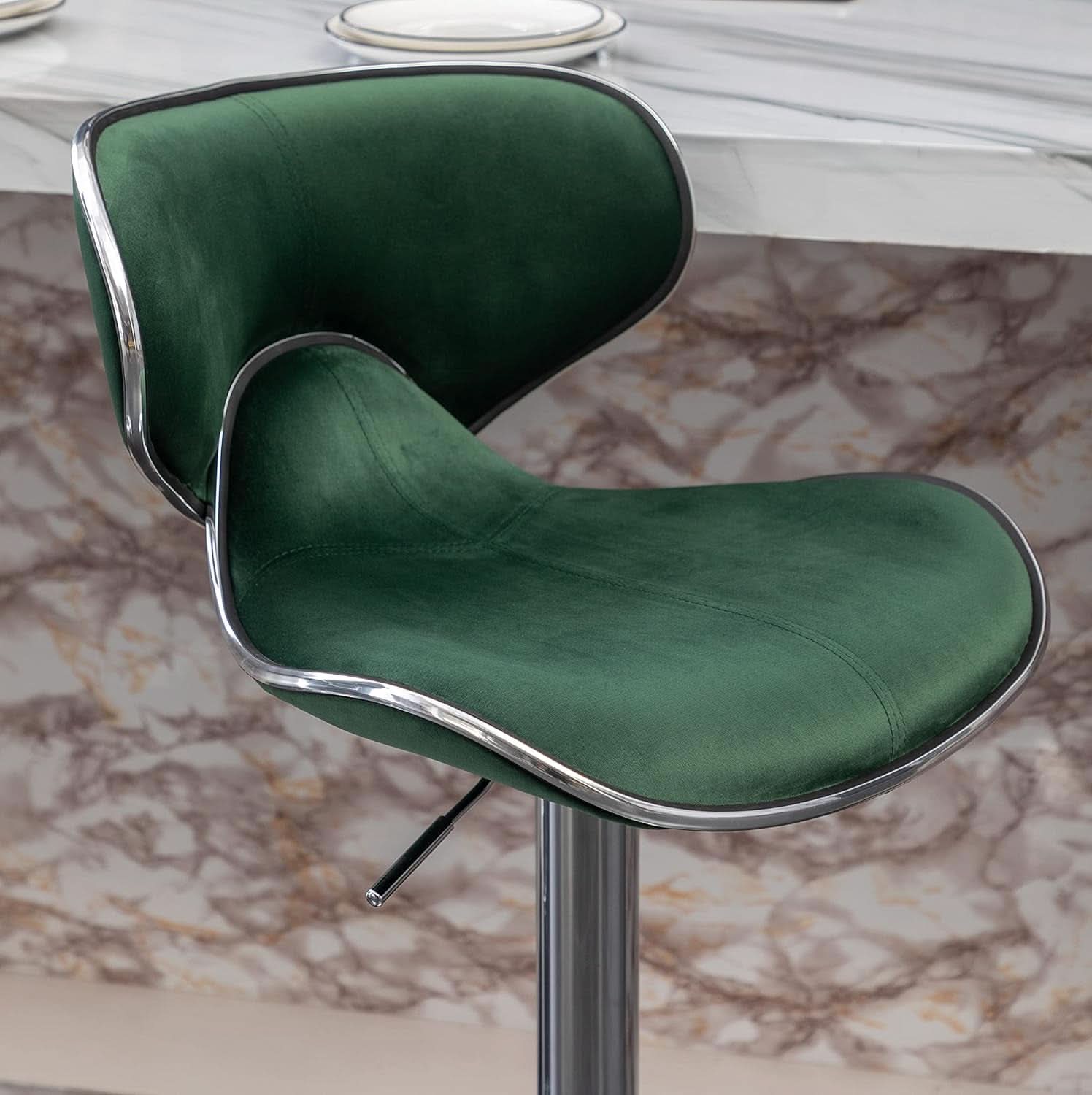 Green Velvet Upholstered Adjustable Swivel Bar Stools Set 2