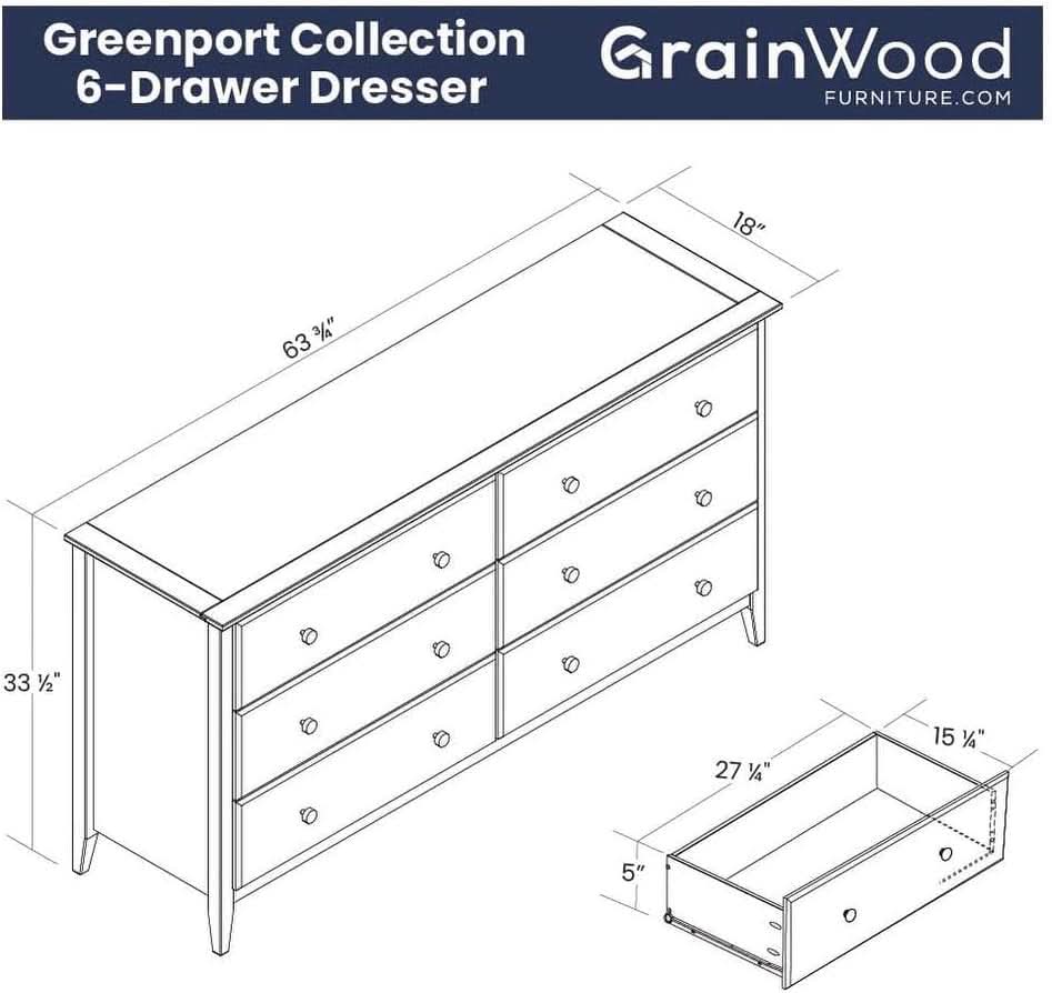 Greenport 6 Drawer Solid Wood Dresser Brushed White