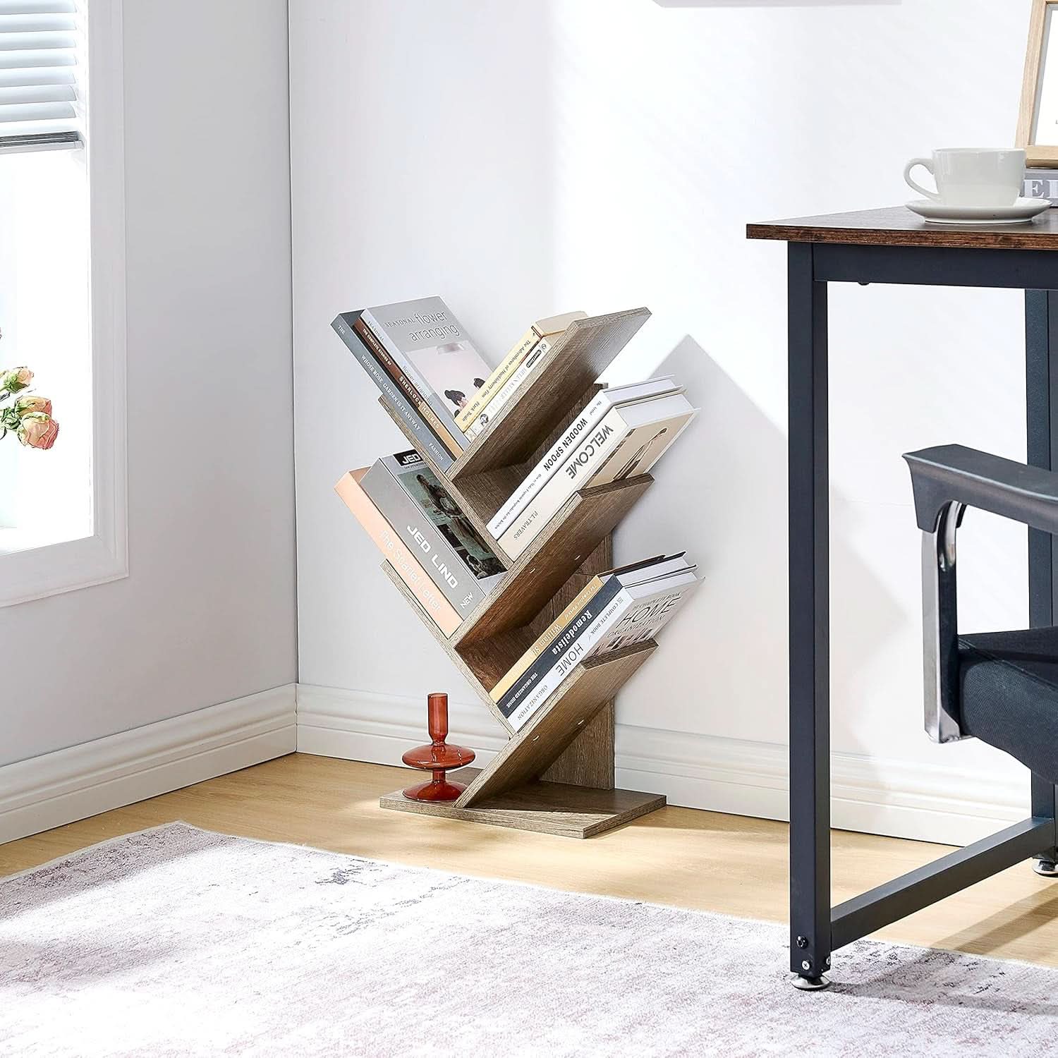 Greige 4 Tier Tree Bookshelf Modern Storage Bookcase