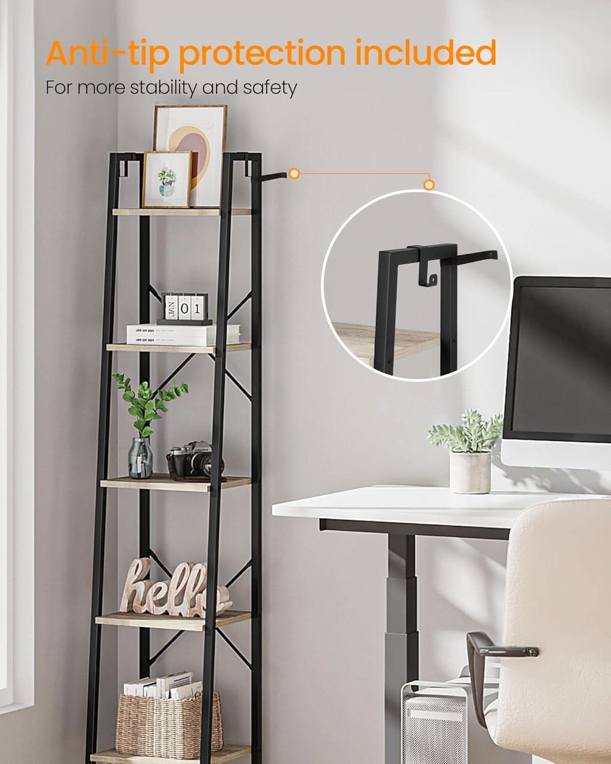 Greige 5 Tier Ladder Shelf Bookcase Freestanding Corner