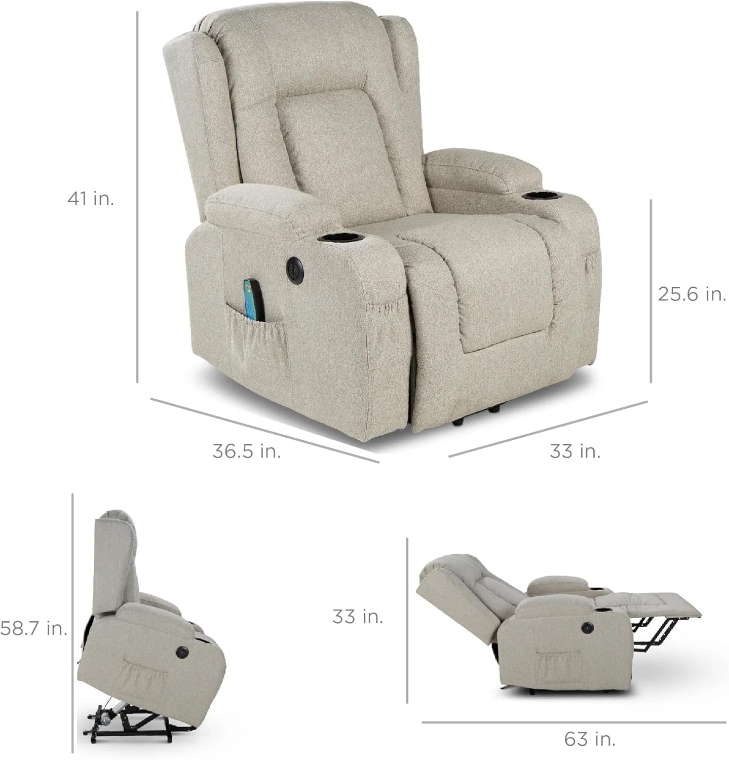 Greige Power Lift Chair With Massage And Heat Home Use
