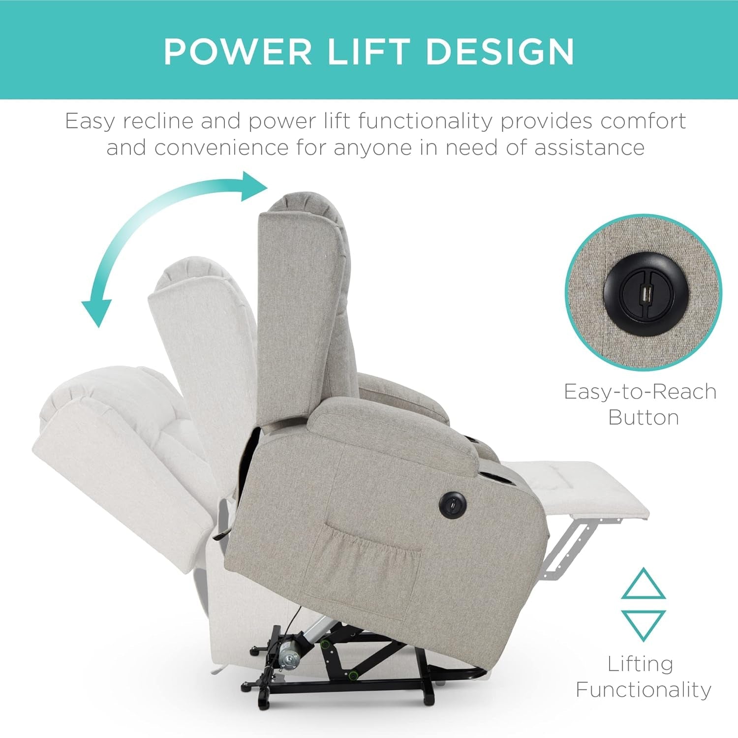 Greige Power Lift Chair With Massage And Heat Home Use