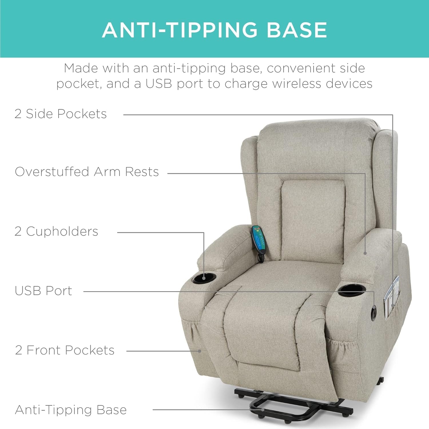 Greige Power Lift Chair With Massage And Heat Home Use