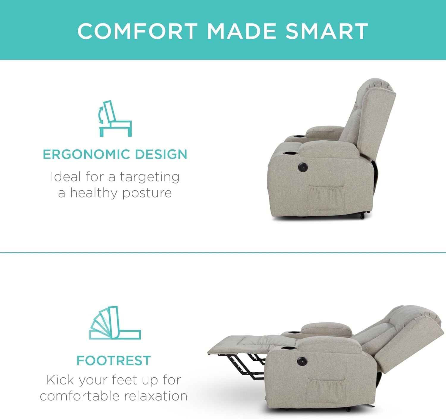 Greige Power Lift Chair With Massage And Heat Home Use