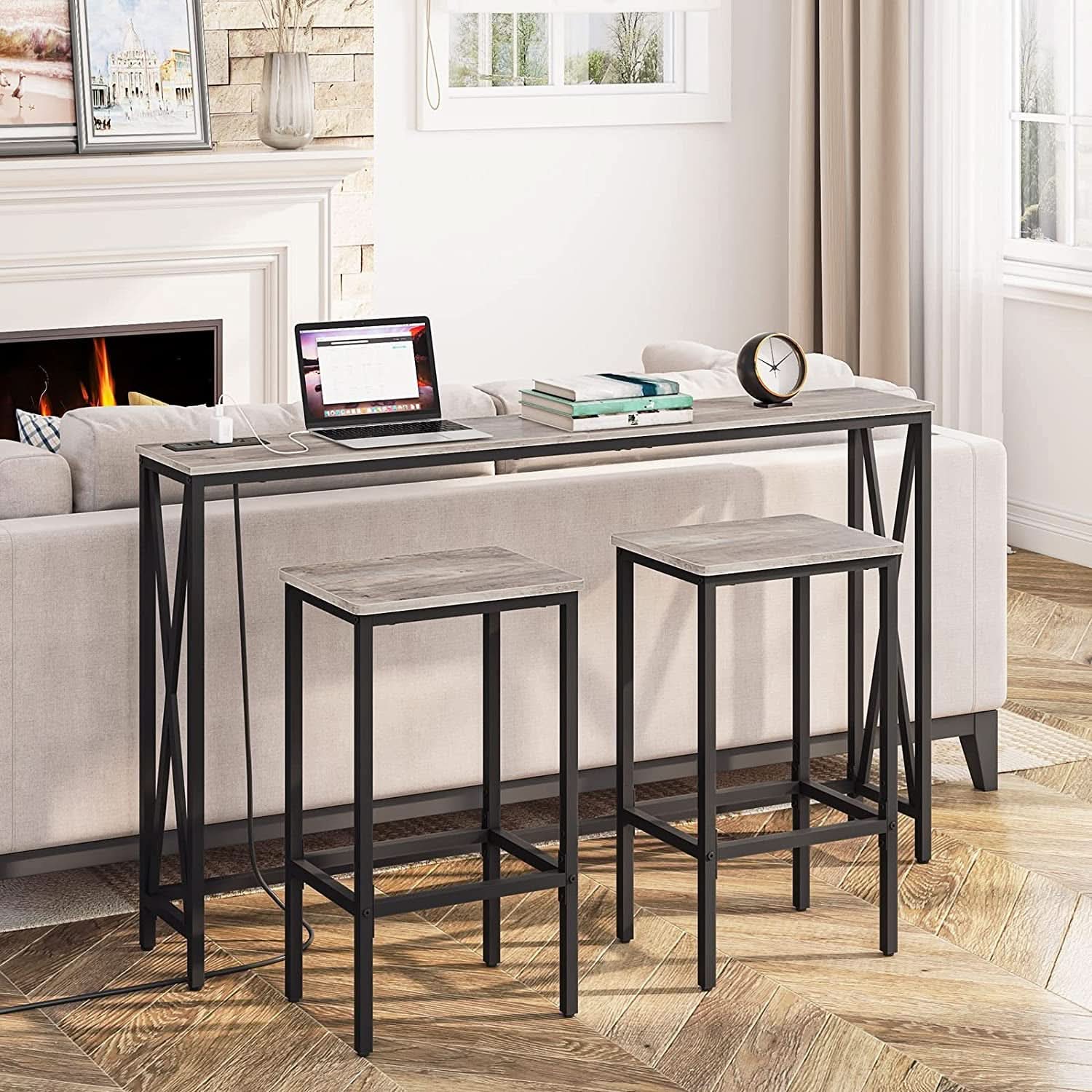 Greige Rectangular Industrial Bar Stool Set of 2, 15in Seat