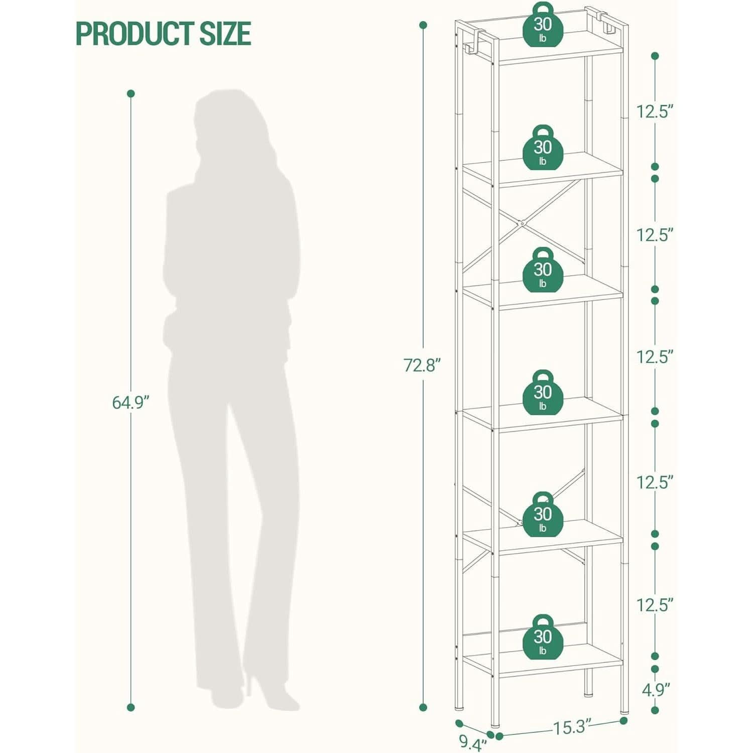 Greige Six Tier Narrow Bookshelf With Two Hooks Industrial