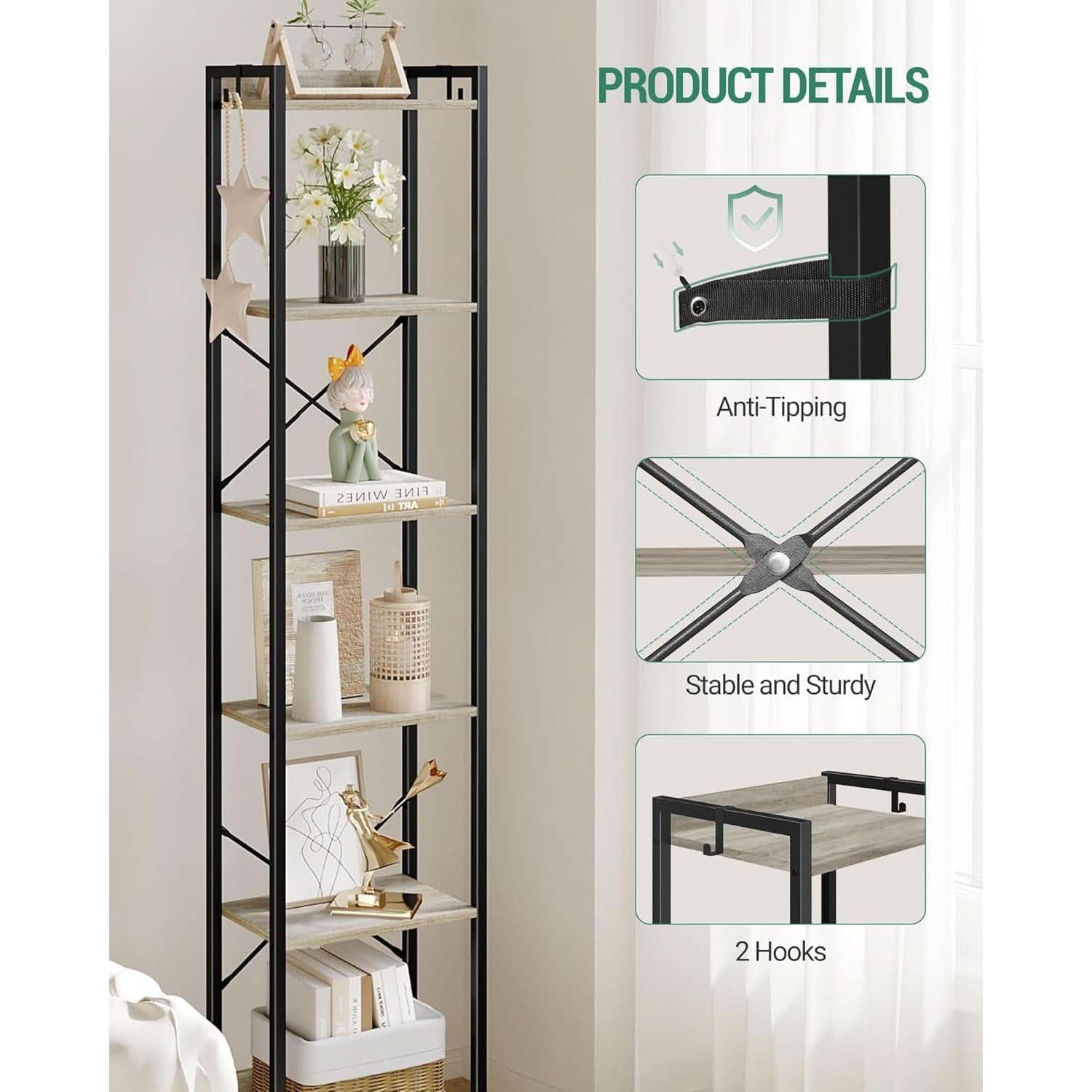 Greige Six Tier Narrow Bookshelf With Two Hooks Industrial
