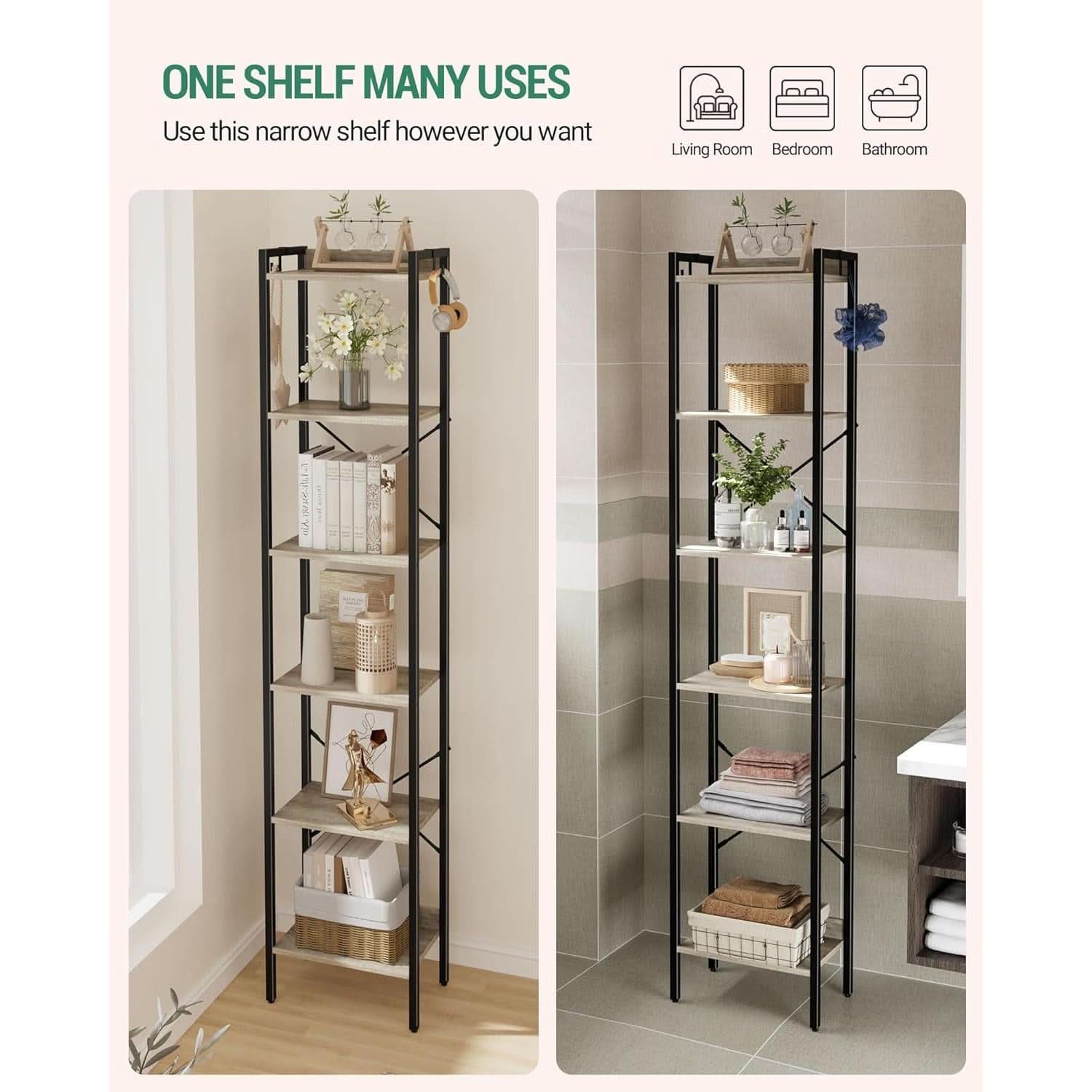 Greige Six Tier Narrow Bookshelf With Two Hooks Industrial