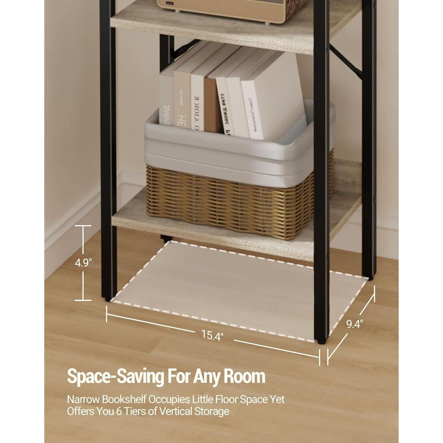 Greige Six Tier Narrow Bookshelf With Two Hooks Industrial