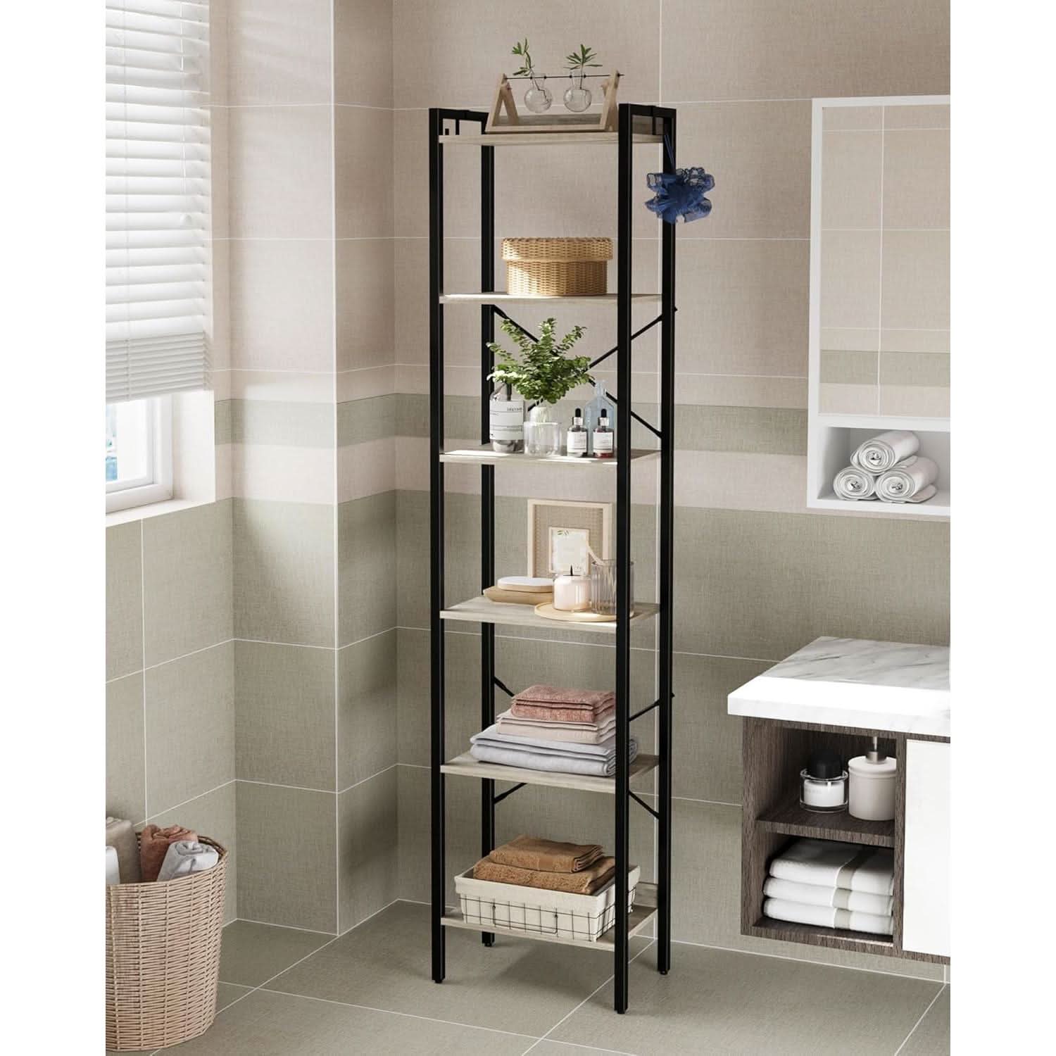 Greige Six Tier Narrow Bookshelf With Two Hooks Industrial