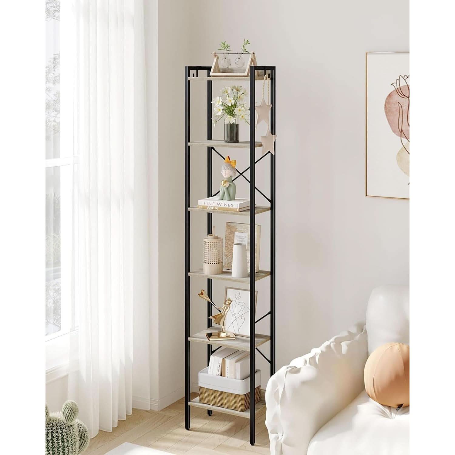 Greige Six Tier Narrow Bookshelf With Two Hooks Industrial