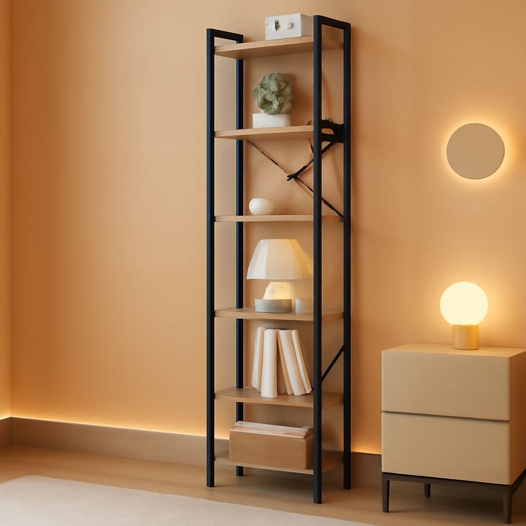 Greige Six Tier Narrow Bookshelf With Two Hooks Industrial