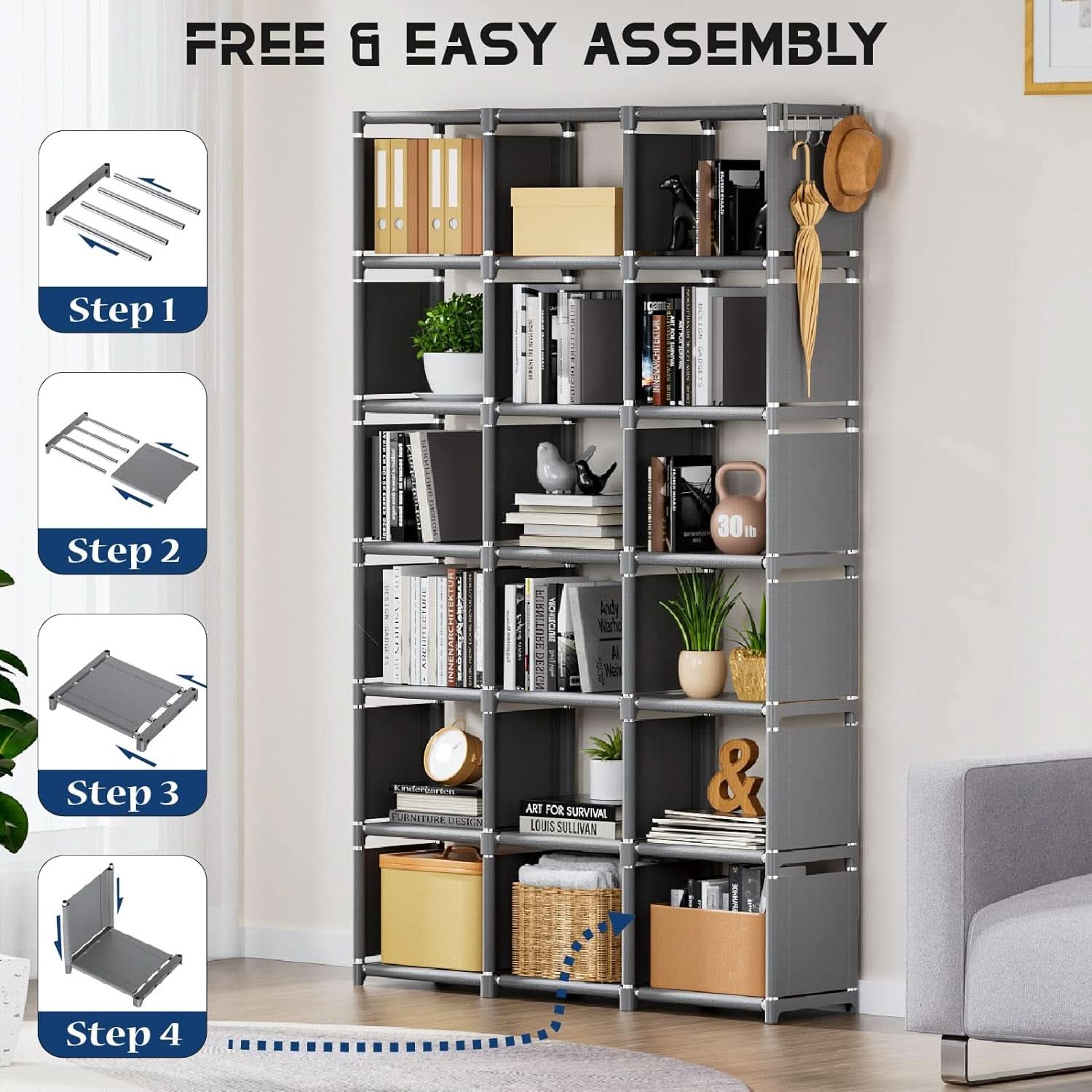 Grey 18 Cube Storage Organizer Tall Bookcase Shelf