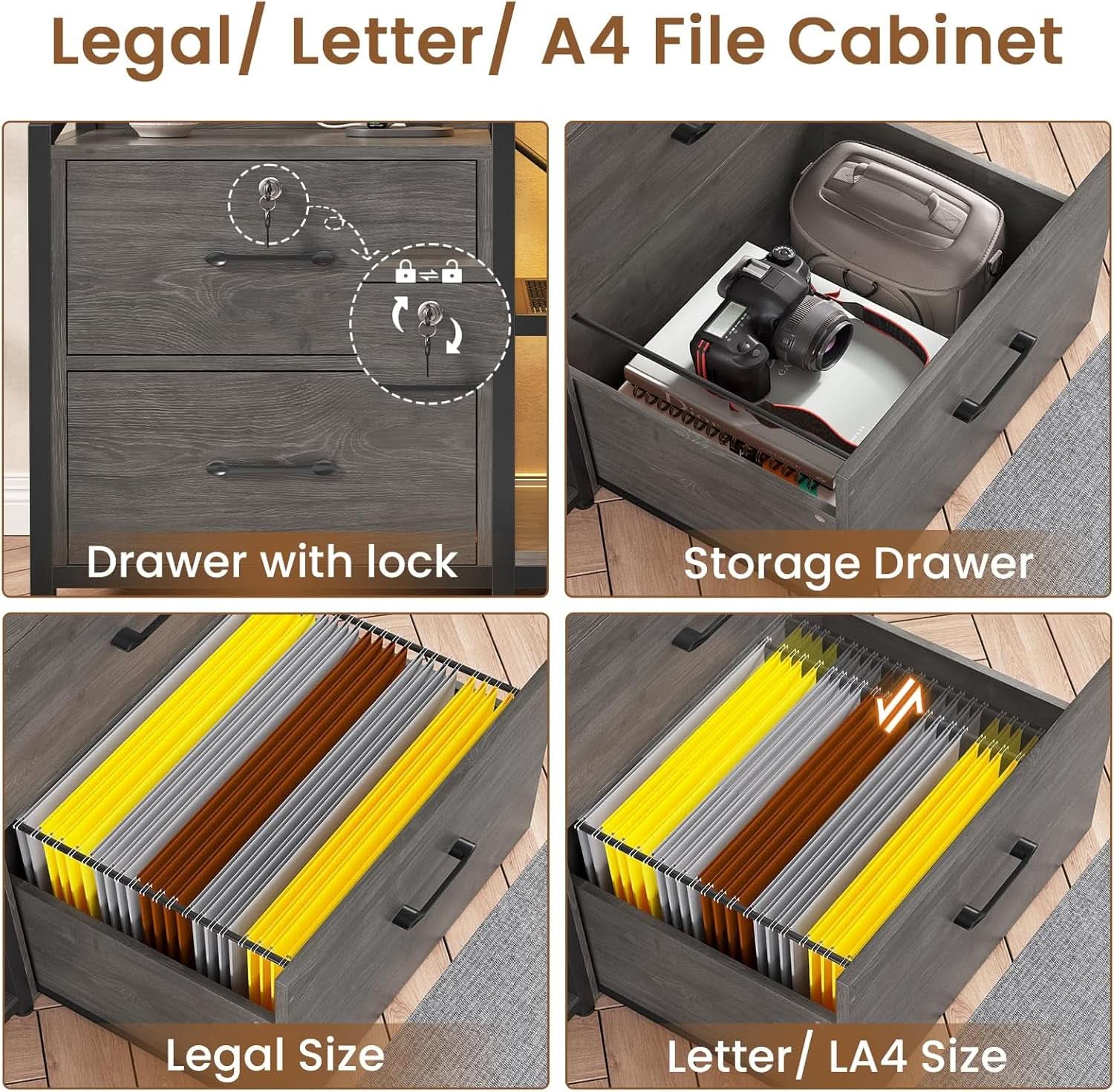Grey 2 Drawer File Cabinet Lock For Letter Legal A4 Files