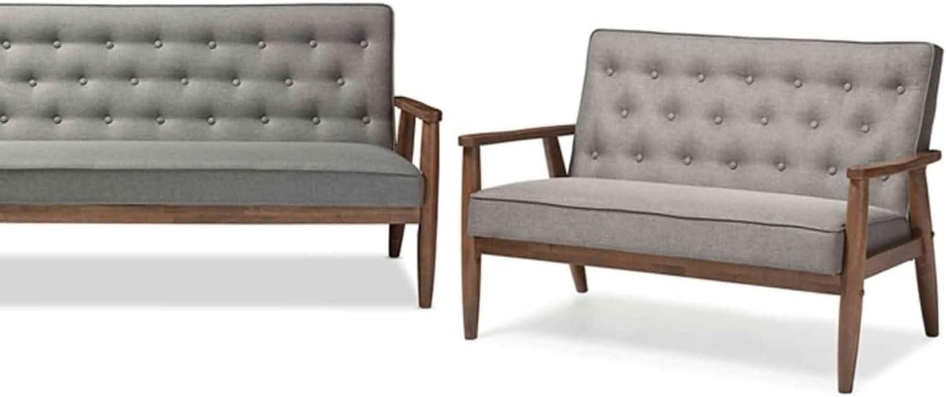 Grey 3 Piece Mid Century Modern Fabric Sofa Set Living Room