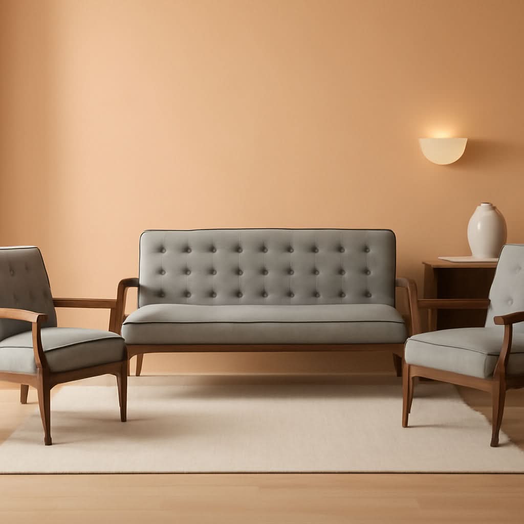 Grey 3 Piece Mid Century Modern Fabric Sofa Set Living Room