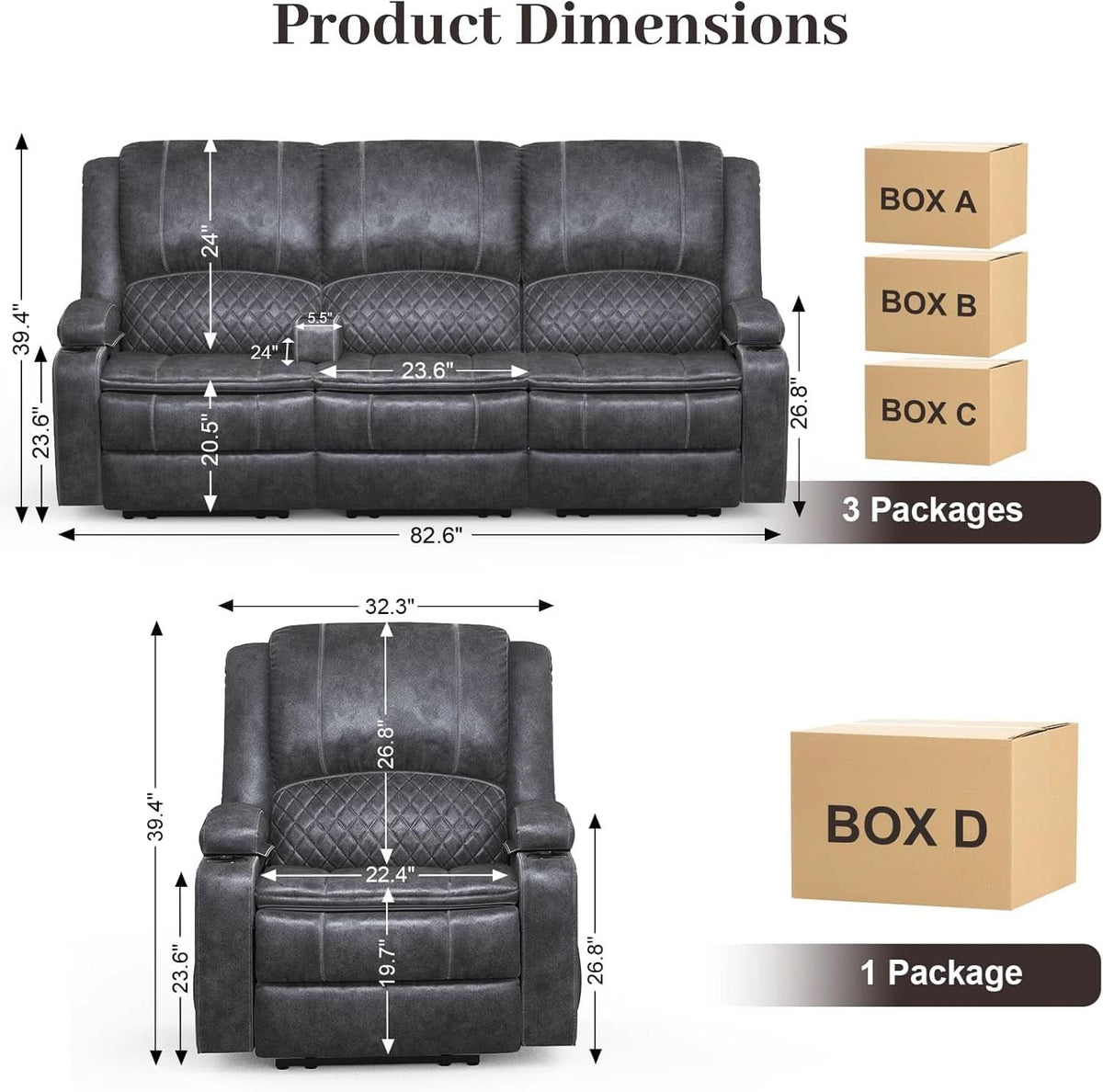 Grey 3 Seater Recliner Sofa Set With Removable Console For Living Room Comfort And Style