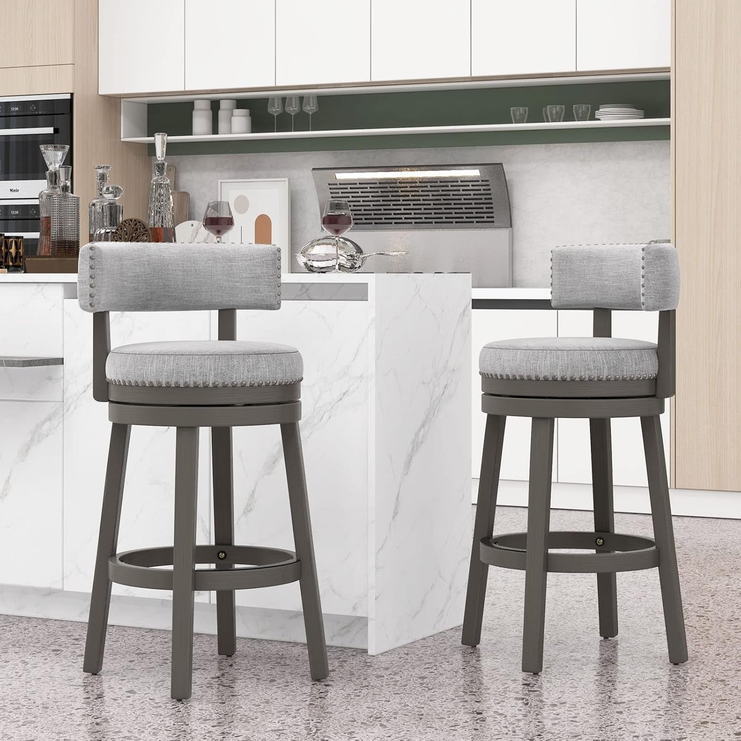 Grey 31 Inch Swivel Bar Stool Set Of 2 With Upholstered Back