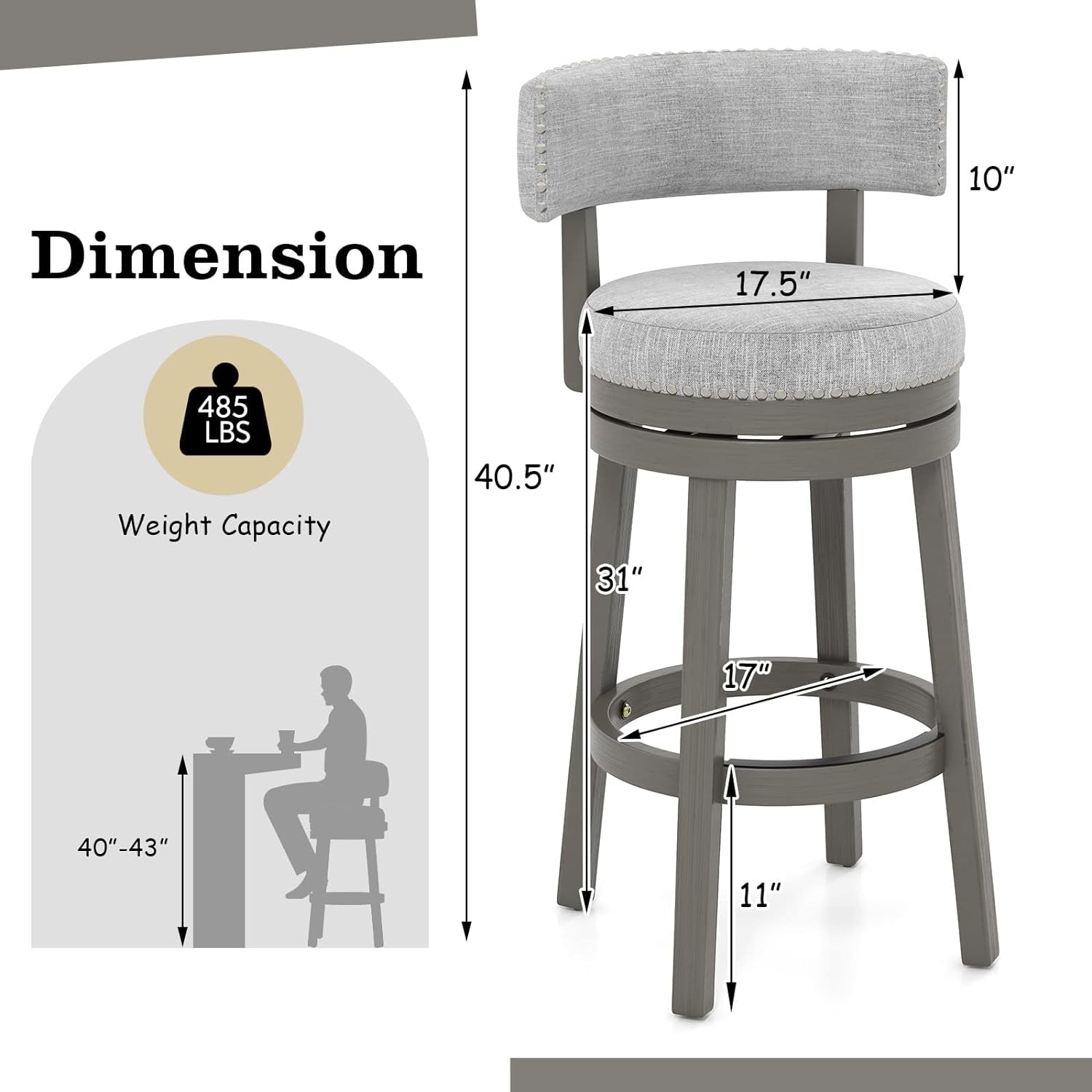 Grey 31 Inch Swivel Bar Stool Set Of 2 With Upholstered Back