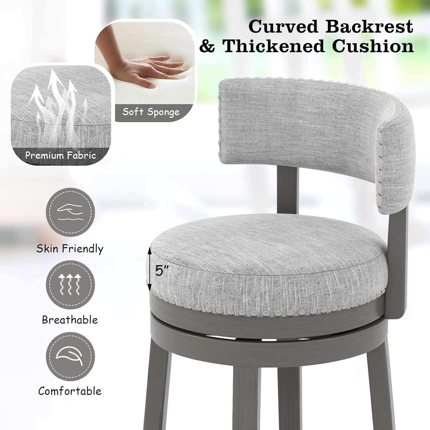 Grey 31 Inch Swivel Bar Stool Set Of 2 With Upholstered Back