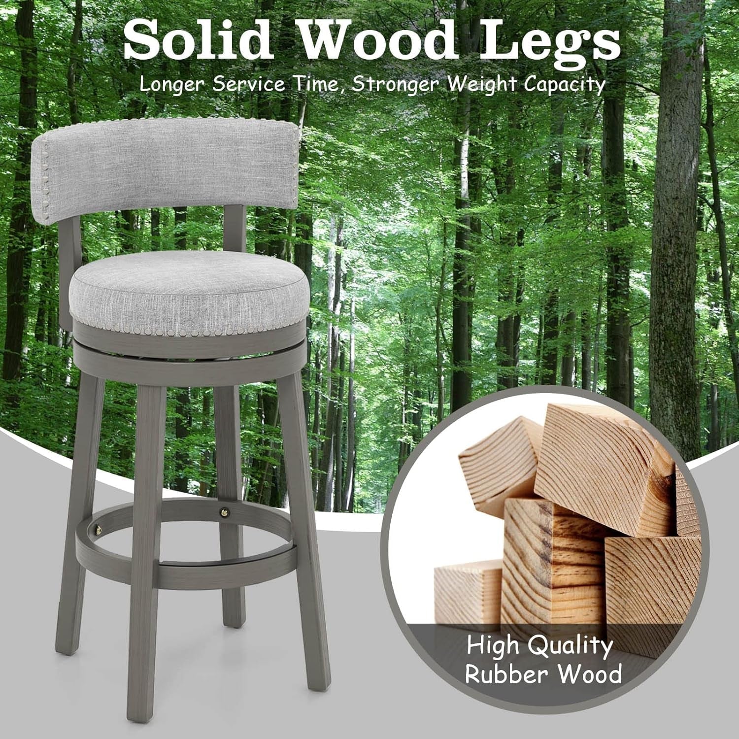 Grey 31 Inch Swivel Bar Stool Set Of 2 With Upholstered Back