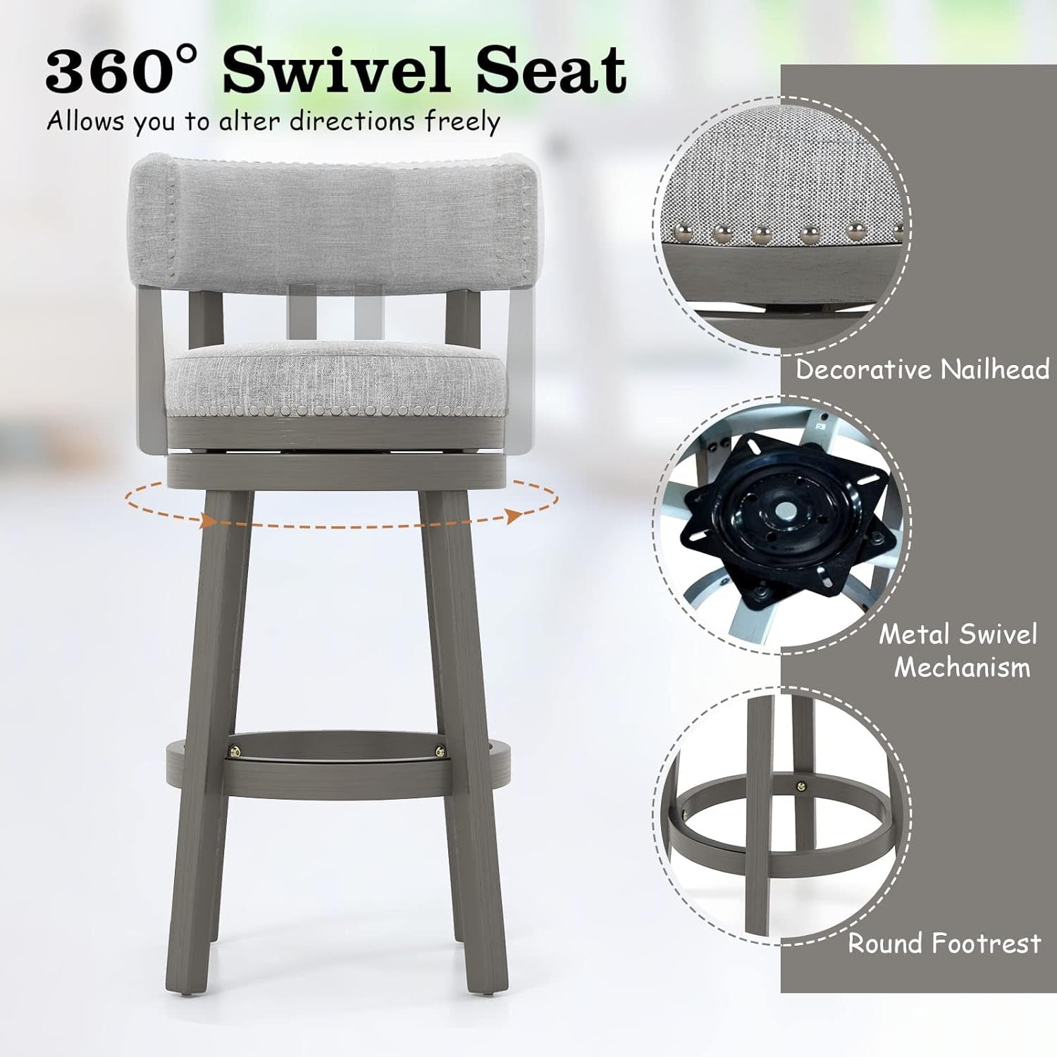 Grey 31 Inch Swivel Bar Stool Set Of 2 With Upholstered Back
