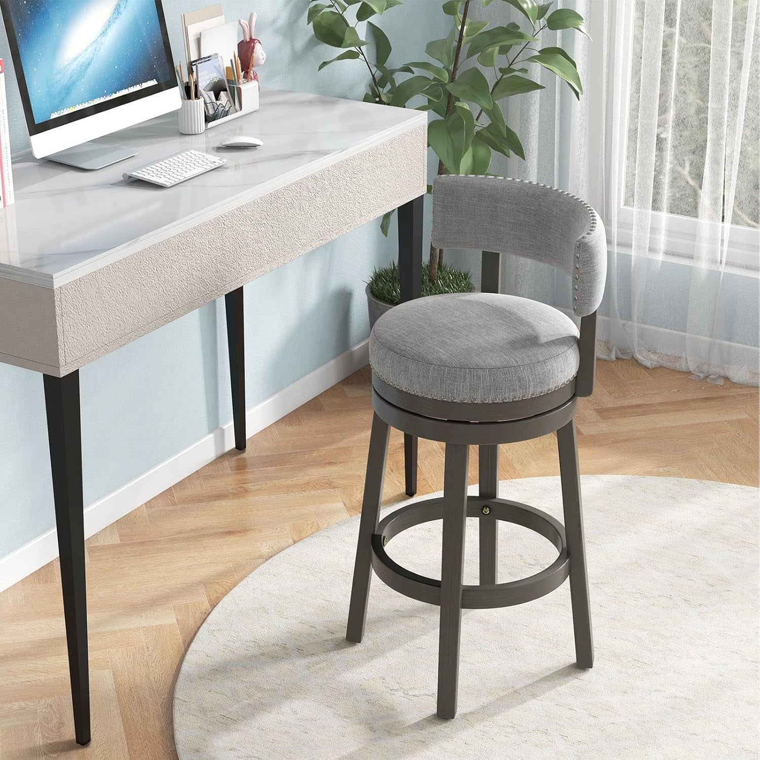 Grey 31 Inch Swivel Bar Stool Set Of 2 With Upholstered Back