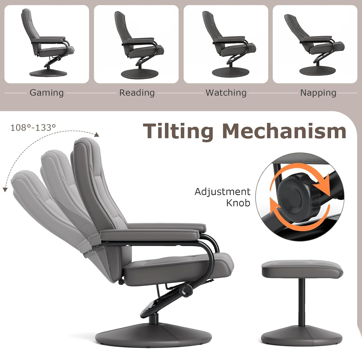 Grey 360 Degree Swivel Recliner Chair With Ottoman