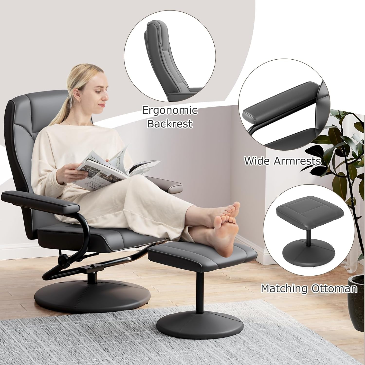 Grey 360 Degree Swivel Recliner Chair With Ottoman
