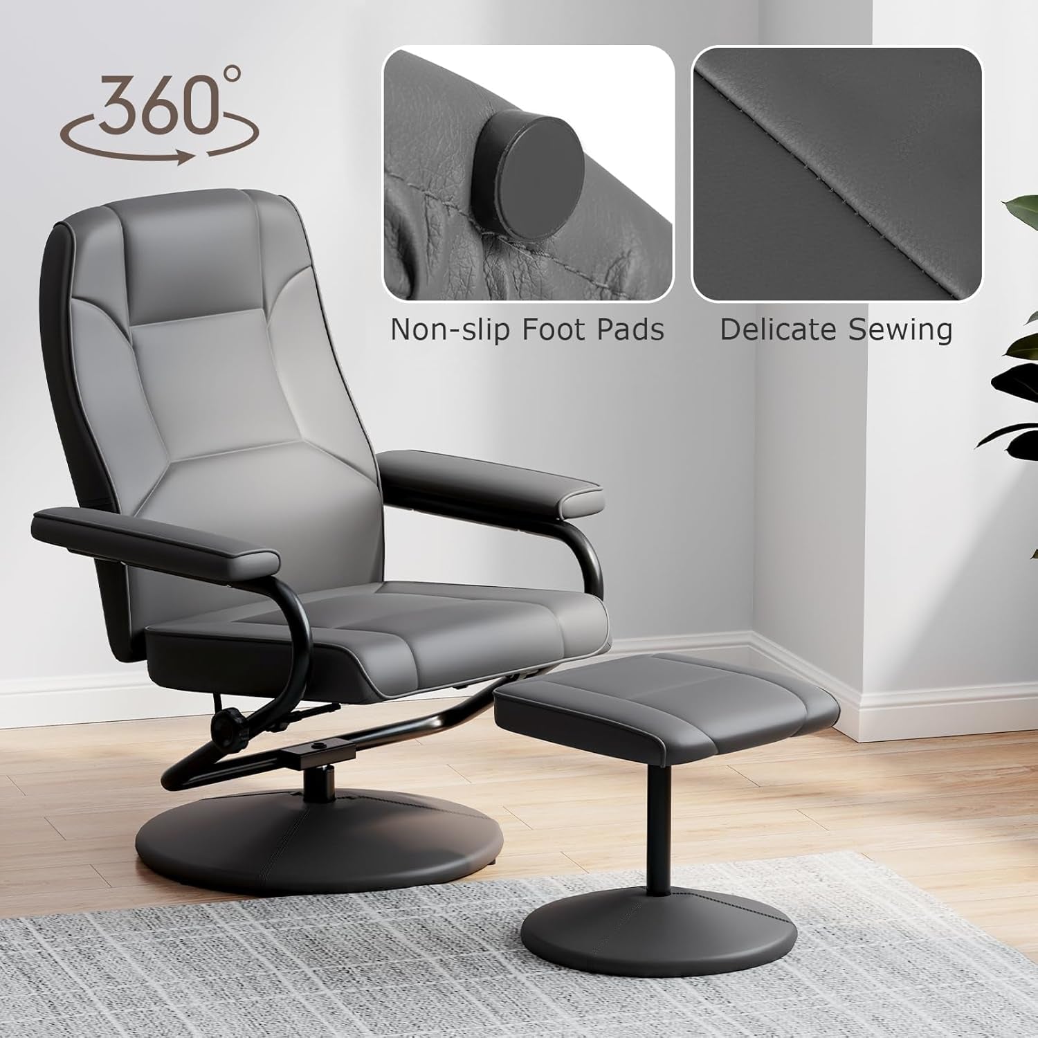 Grey 360 Degree Swivel Recliner Chair With Ottoman