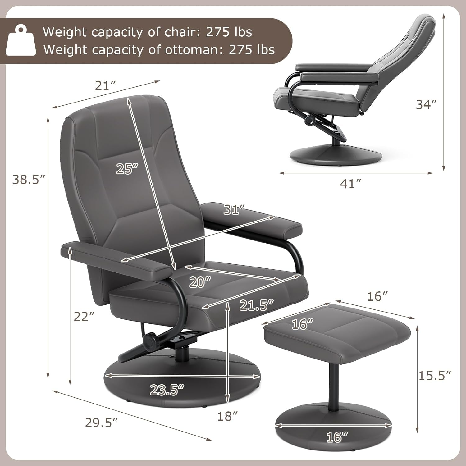 Grey 360 Degree Swivel Recliner Chair With Ottoman