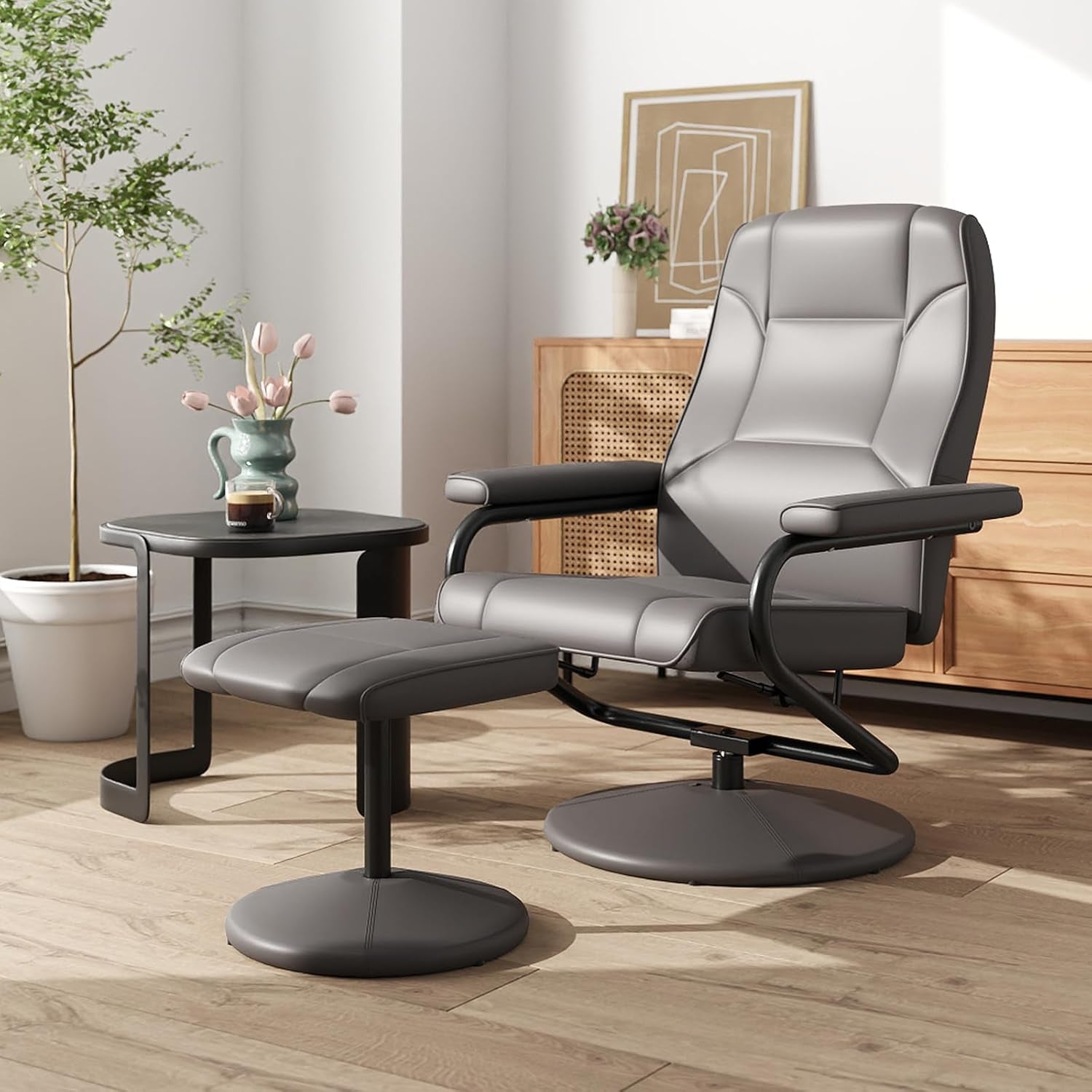 Grey 360 Degree Swivel Recliner Chair With Ottoman