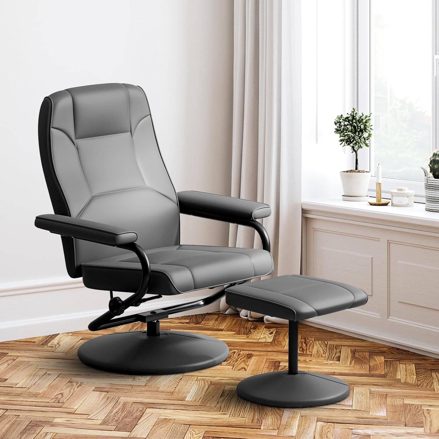 Grey 360 Degree Swivel Recliner Chair With Ottoman