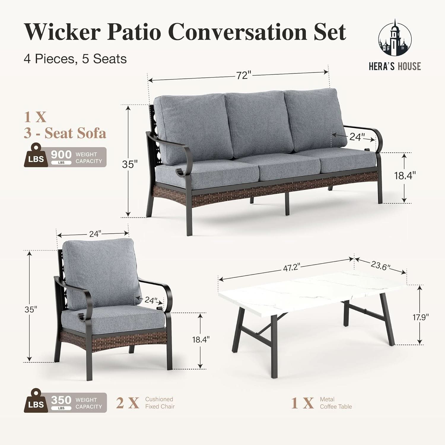 Grey 4 Piece Patio Furniture Set With Cushioned Chairs