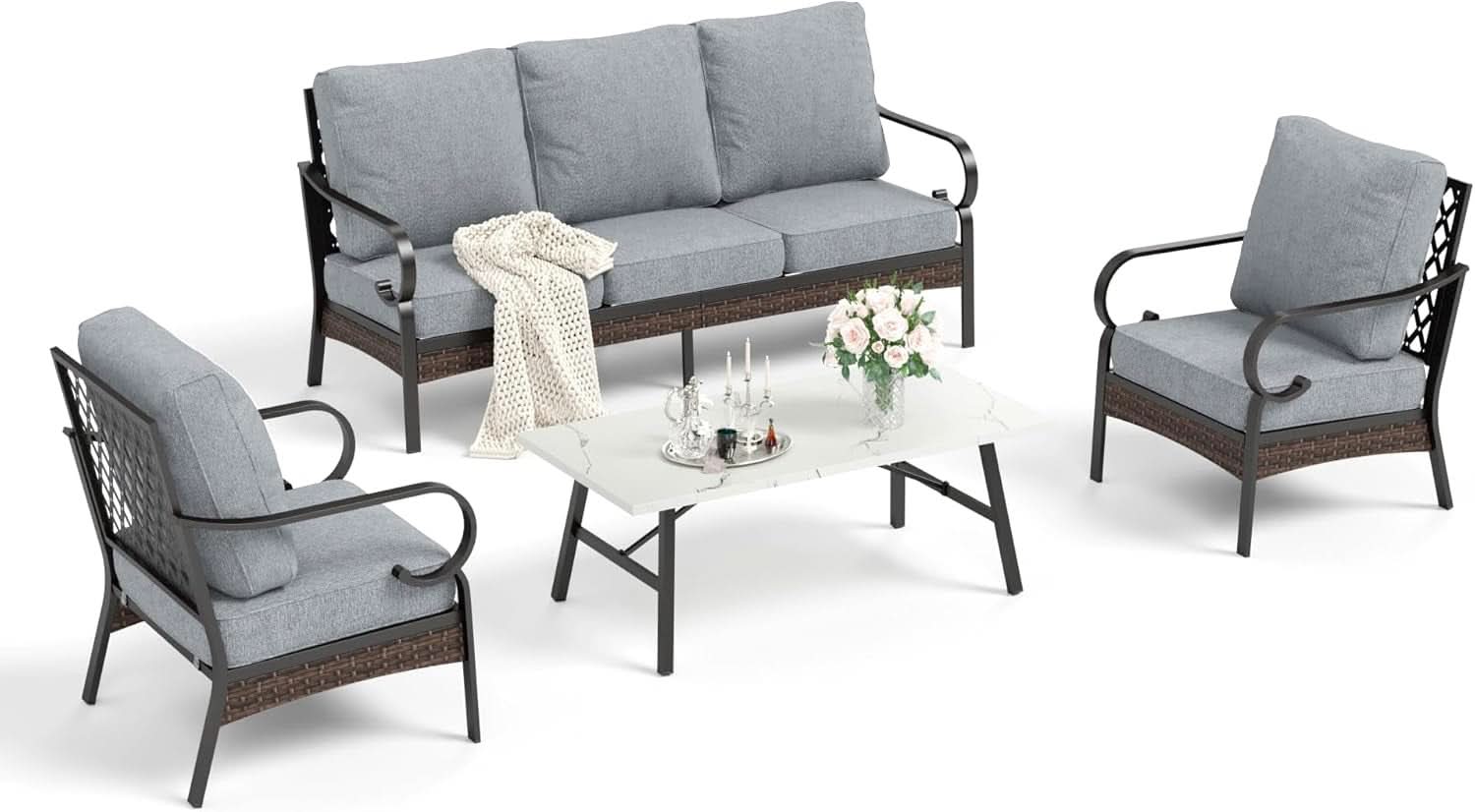Grey 4 Piece Patio Furniture Set With Cushioned Chairs