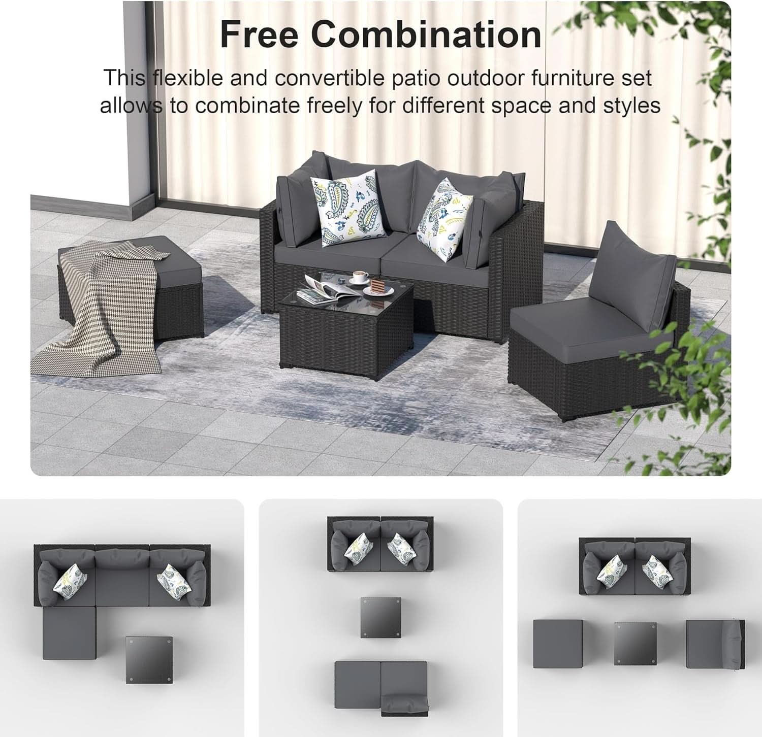 Grey 5 Piece Outdoor Patio Sectional Set With Ottoman