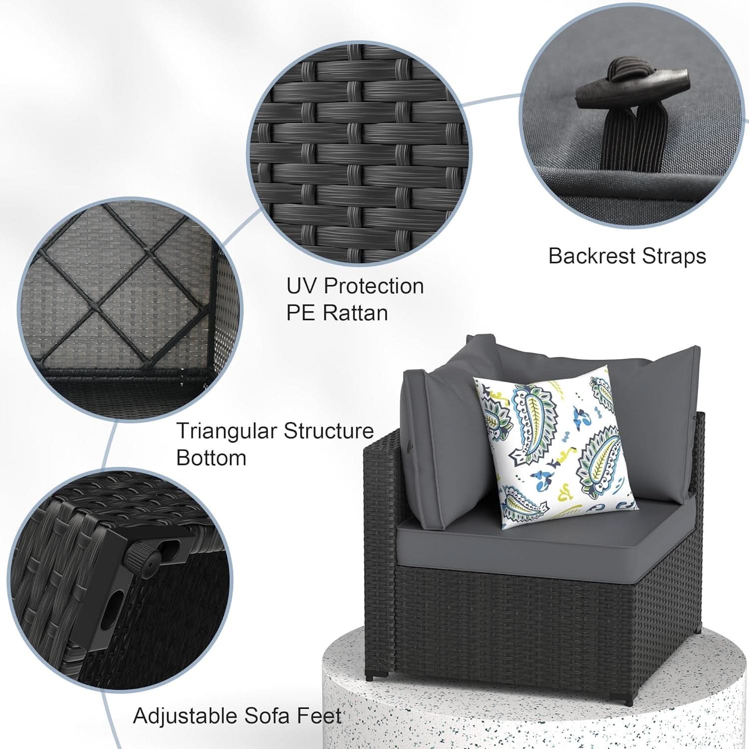 Grey 5 Piece Outdoor Patio Sectional Set With Ottoman