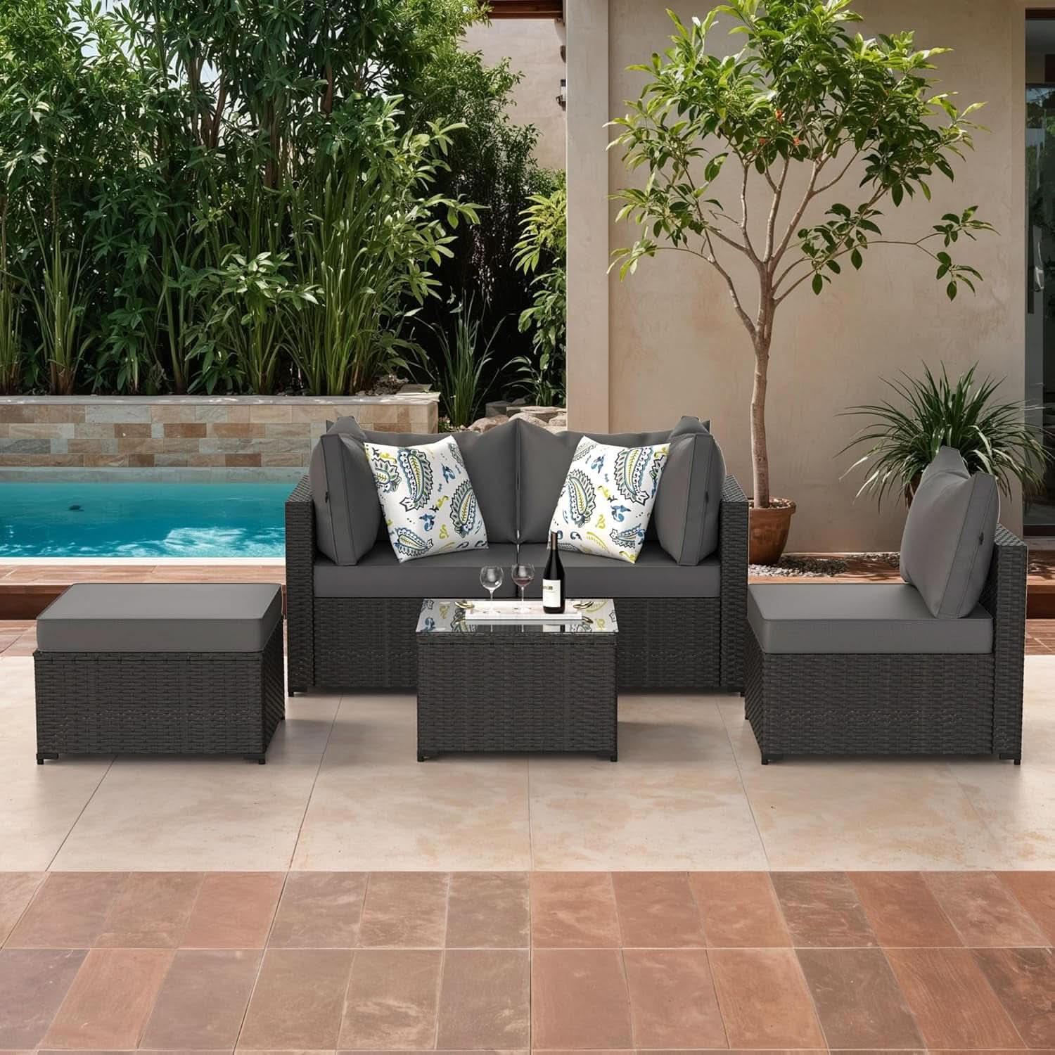 Grey 5 Piece Outdoor Patio Sectional Set With Ottoman
