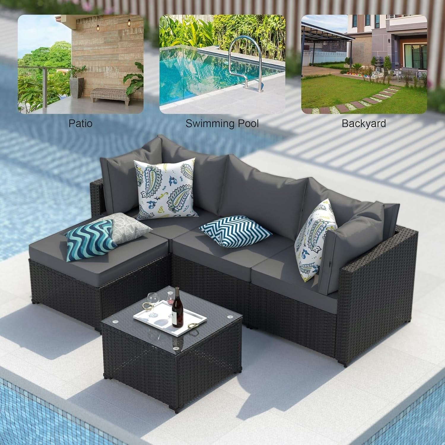 Grey 5 Piece Outdoor Patio Sectional Set With Ottoman
