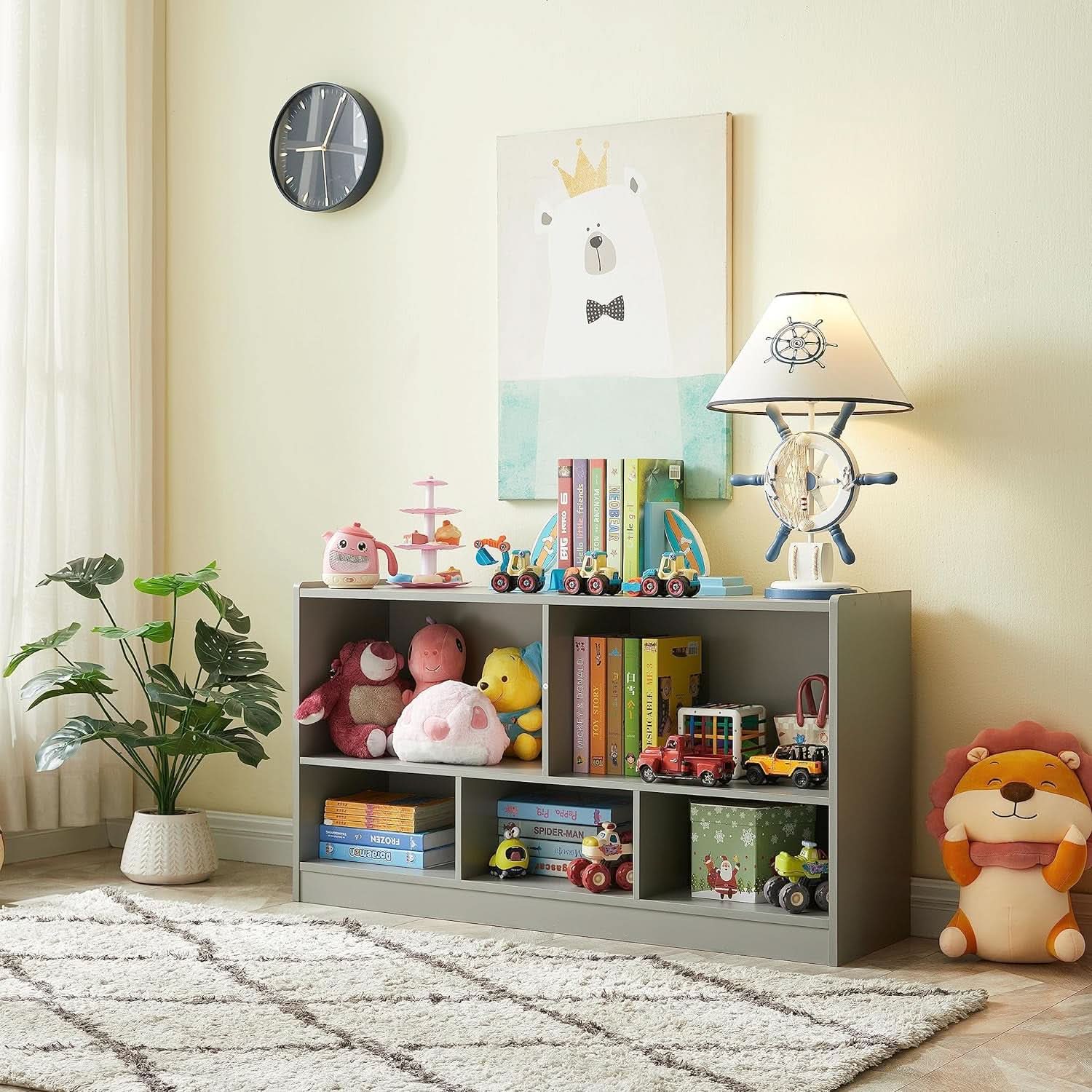 Grey 5 Section Toy Organizer And Bookshelf For Kids Storage