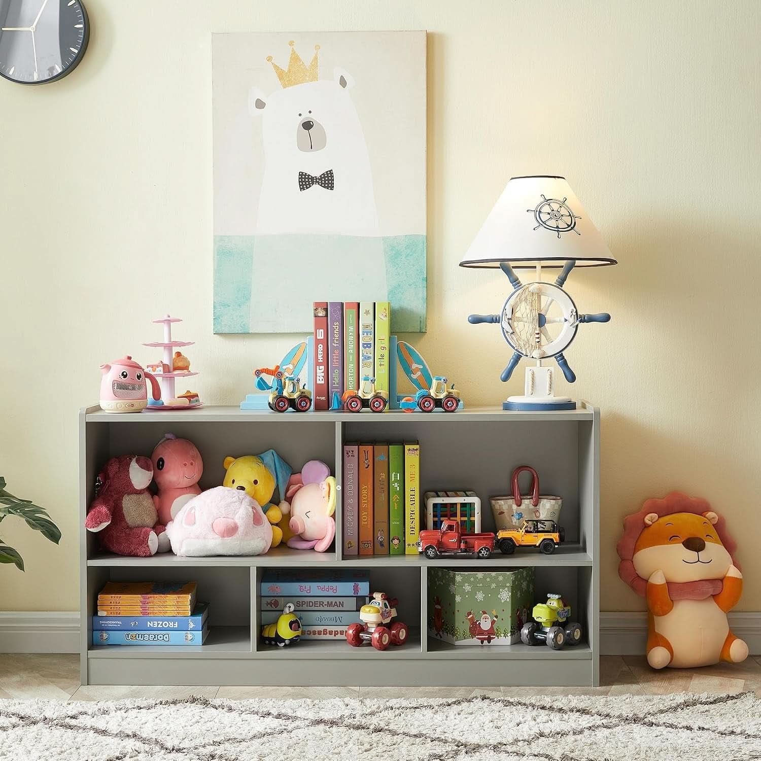Grey 5 Section Toy Organizer And Bookshelf For Kids Storage