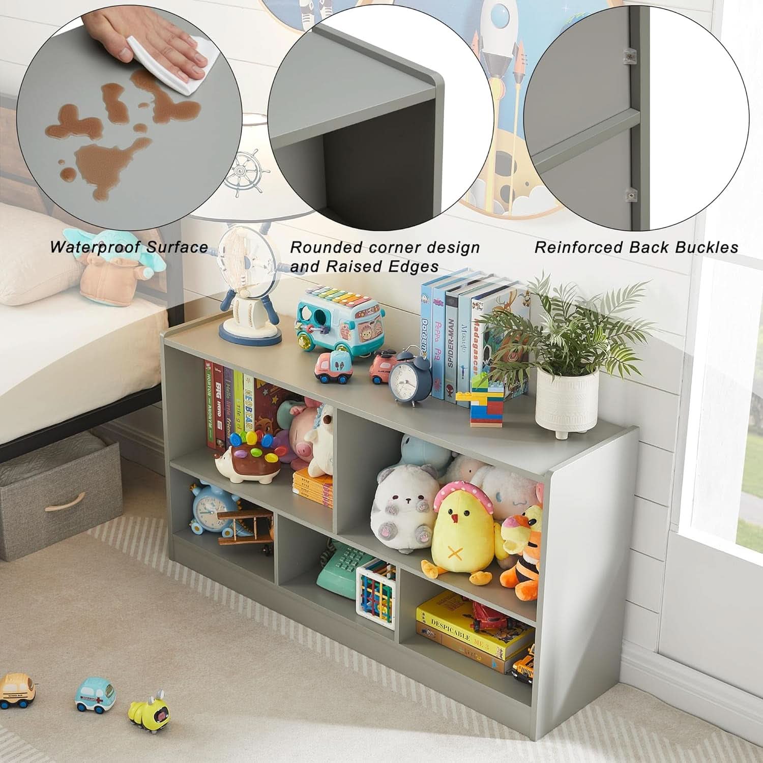 Grey 5 Section Toy Organizer And Bookshelf For Kids Storage