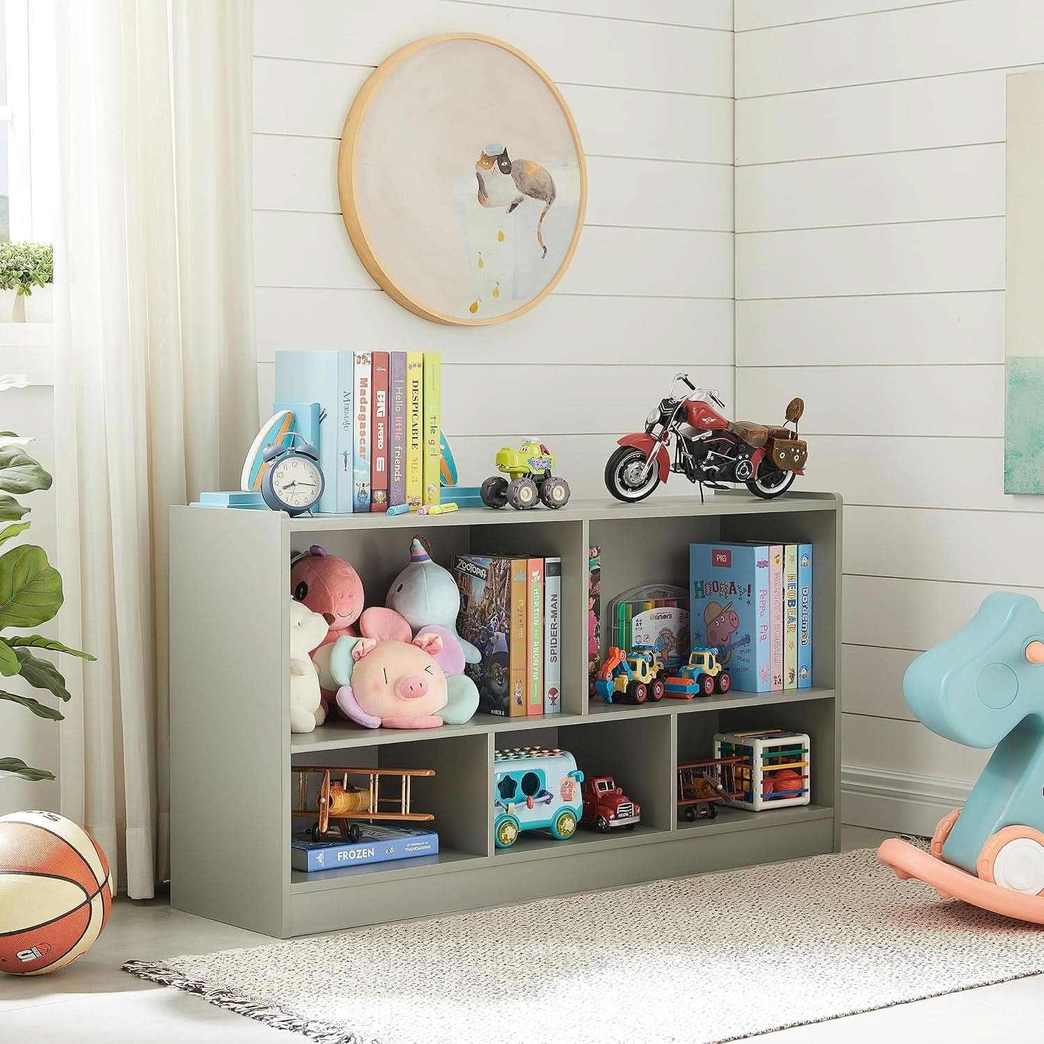 Grey 5 Section Toy Organizer And Bookshelf For Kids Storage