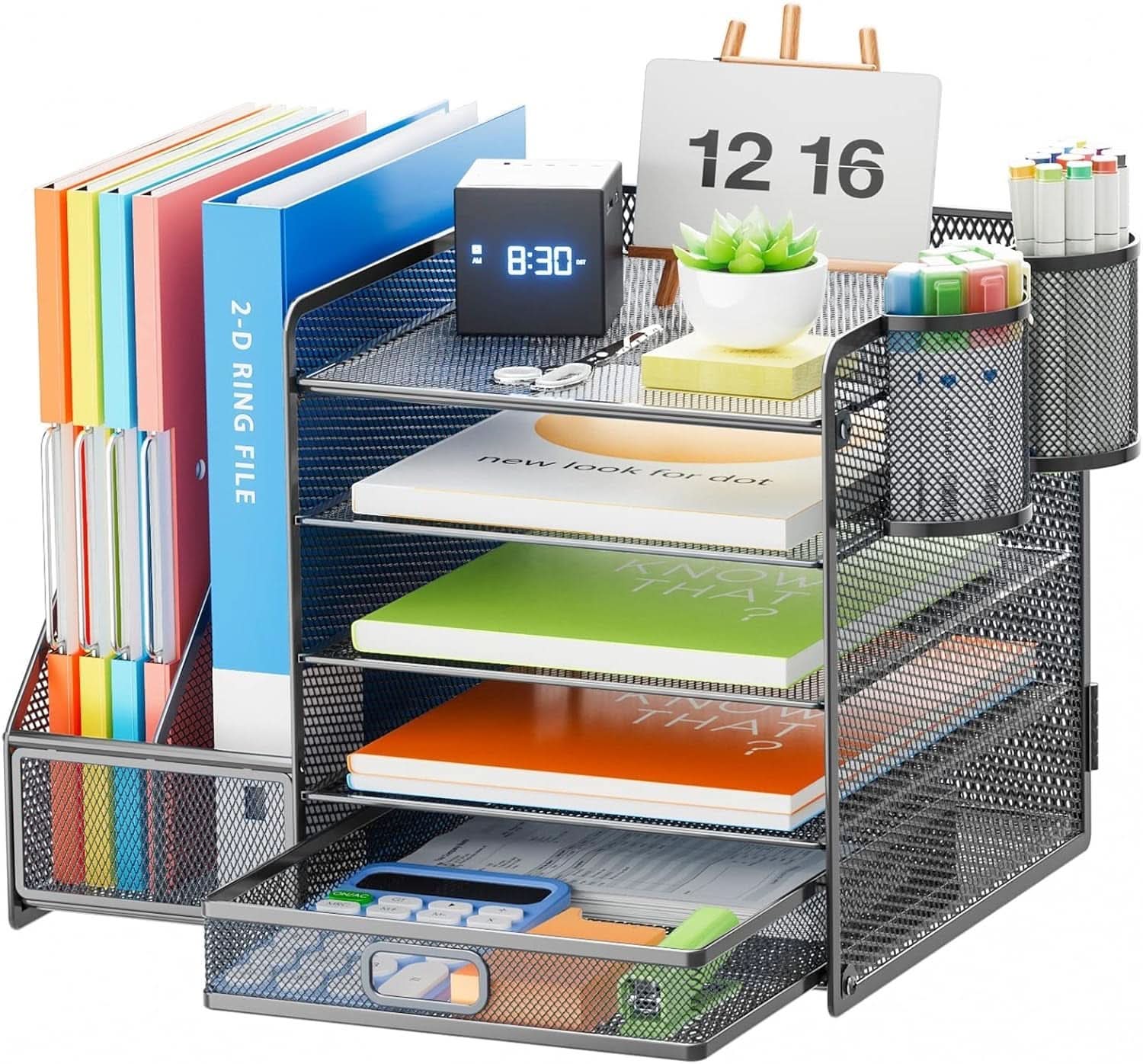 Grey 5 Tier Mesh Desk Organizer With Drawer And File Trays