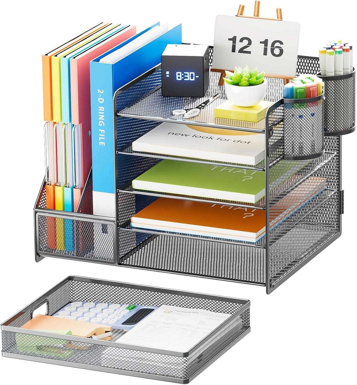 Grey 5 Tier Mesh Desk Organizer With Drawer And File Trays