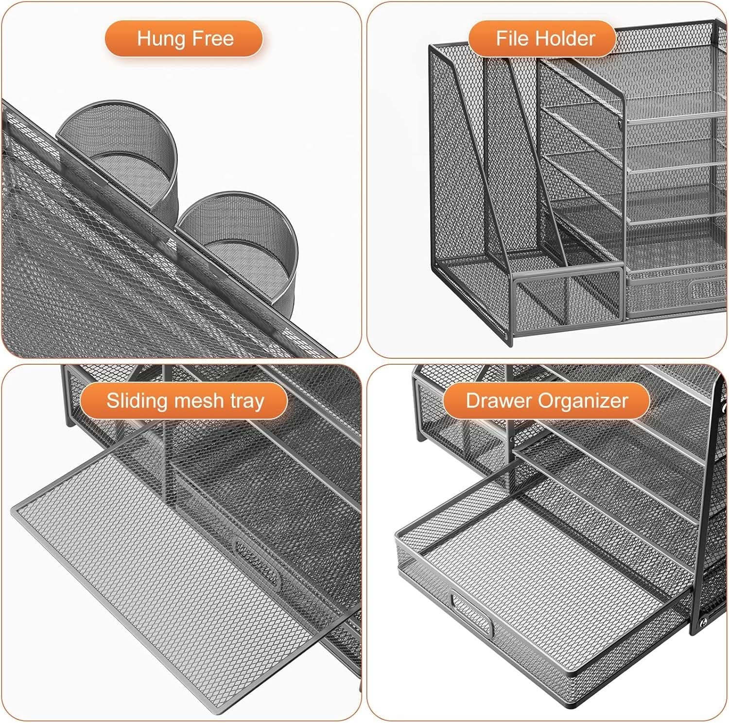 Grey 5 Tier Mesh Desk Organizer With Drawer And File Trays