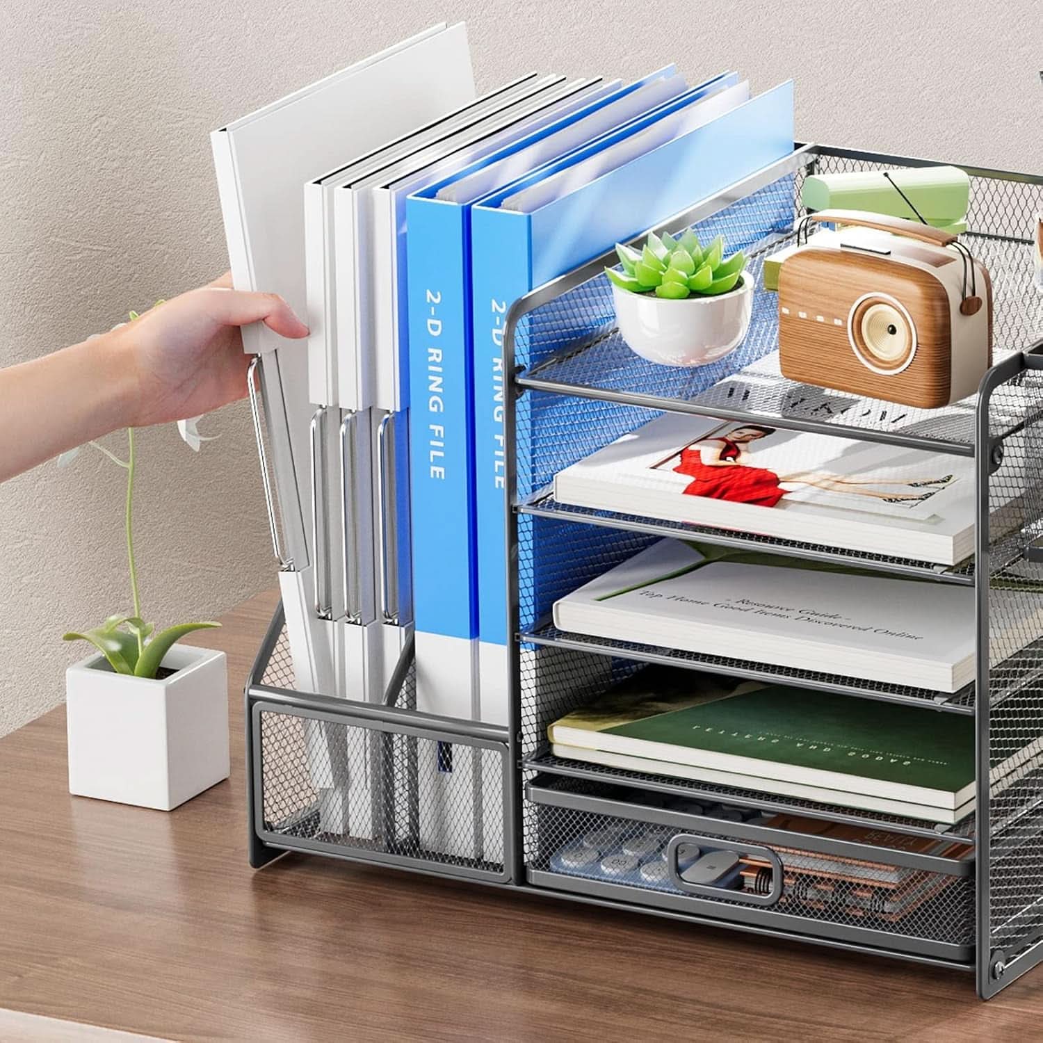 Grey 5 Tier Mesh Desk Organizer With Drawer And File Trays