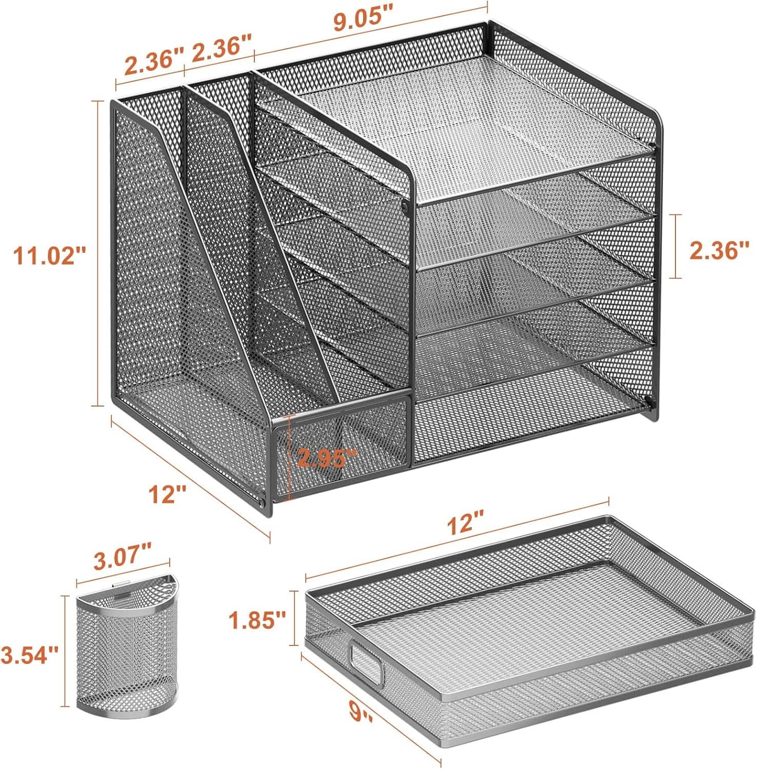Grey 5 Tier Mesh Desk Organizer With Drawer And File Trays