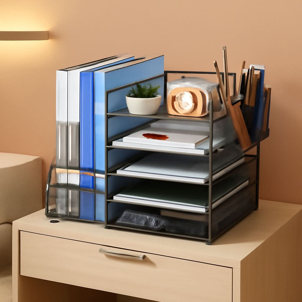 Grey 5 Tier Mesh Desk Organizer With Drawer And File Trays